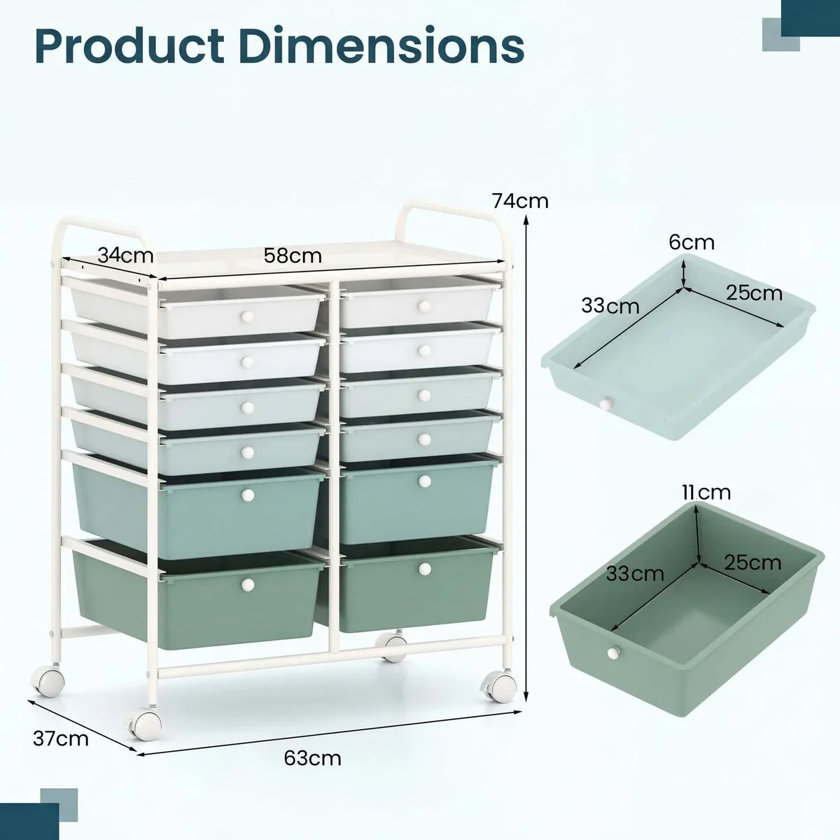 Costway 12 Drawer Rolling Storage Cart - Green – image 2