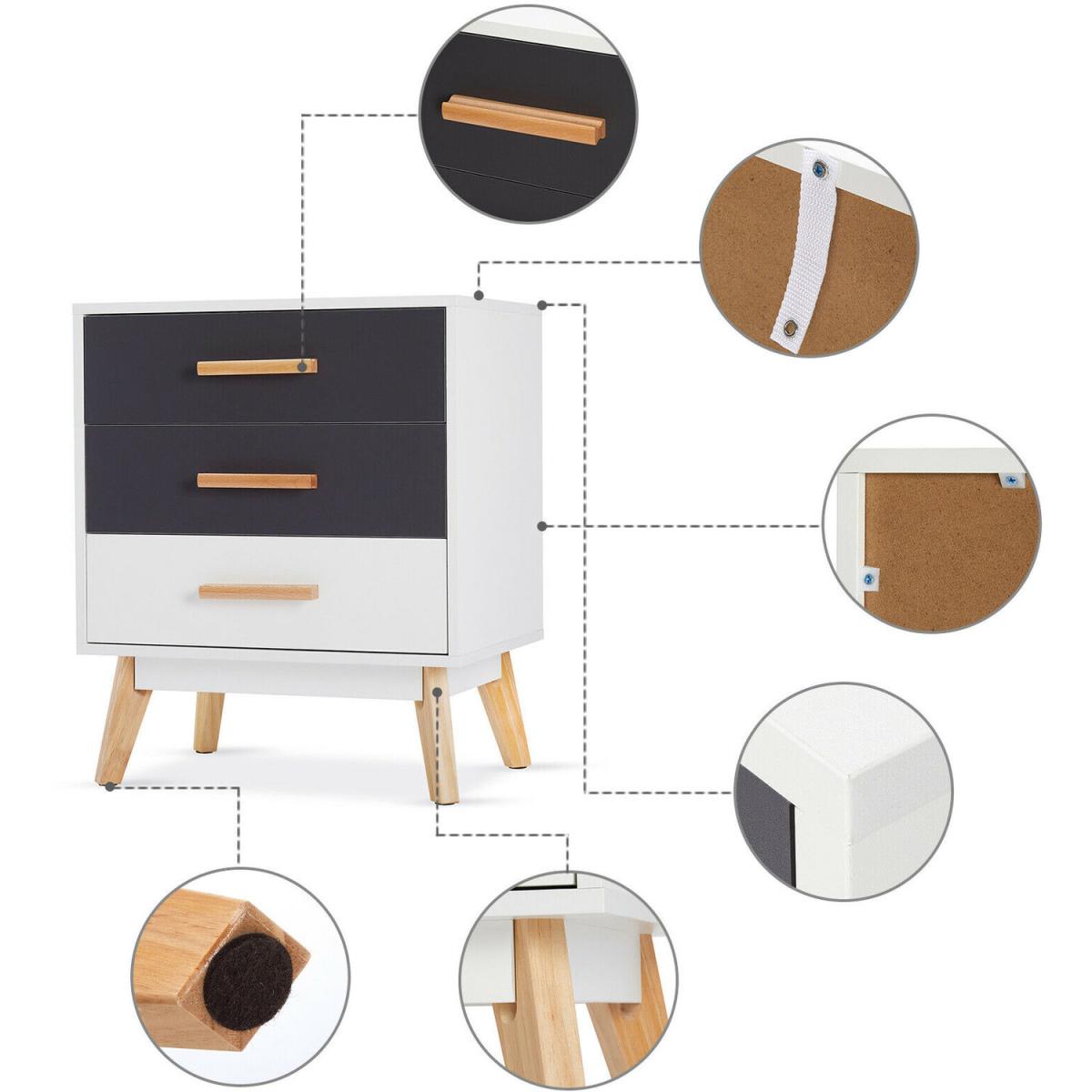 Chest of Drawers Bedside Table Cabinet 3 Drawers Storage - White/Grey – image 6