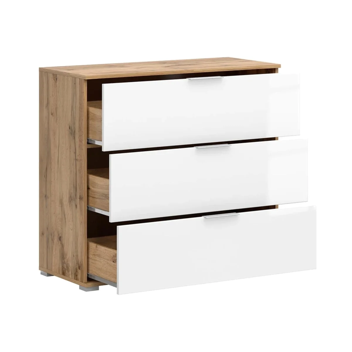 Zele Chest of Drawers, 3 Drawers, White Gloss Fronts with Oak Wotan Body. - White Gloss / Oak Wotan