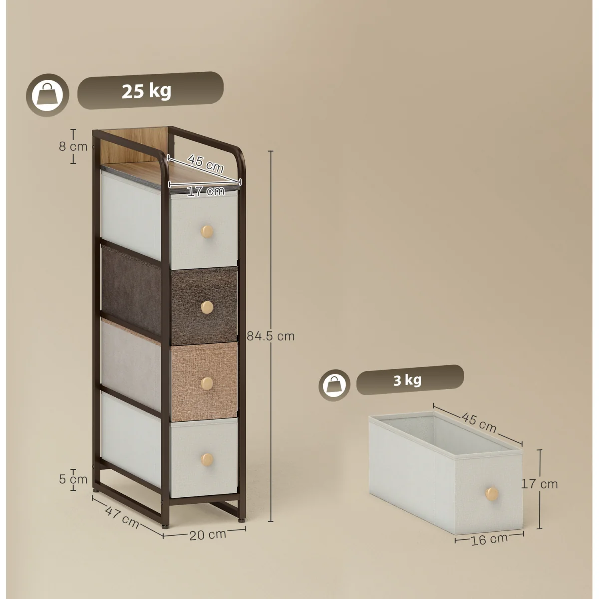 HOMCOM 4-Drawer Storage Organiser Unit with Steel Frame - Mixed-brown – image 3