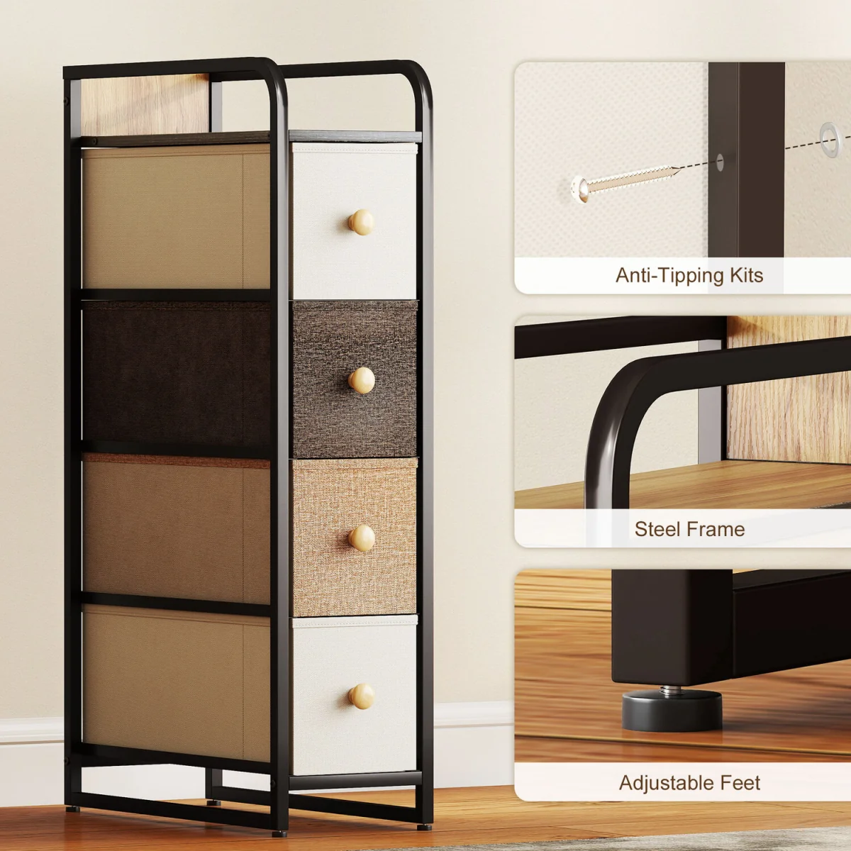 HOMCOM 4-Drawer Storage Organiser Unit with Steel Frame - Mixed-brown – image 7