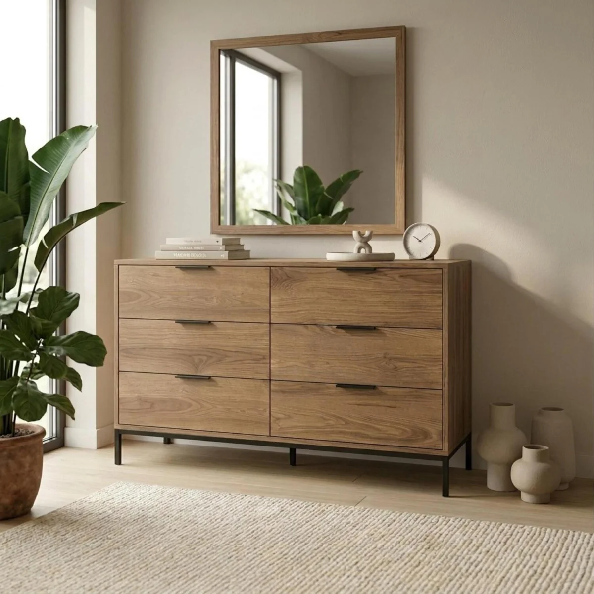 Decortie Mars 6 Drawer Wide Chest of Drawers with Metal Legs - Whiskey Oak – image 1