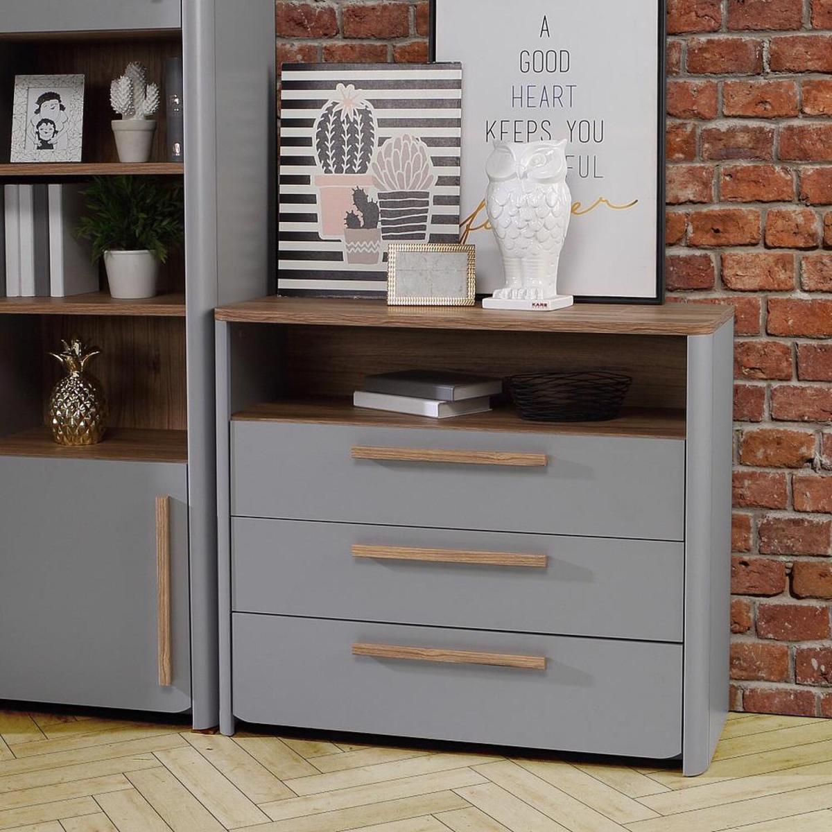 Matt Grey 3 Drawer Chest Of Drawers With Sonoma Oak Finish - Grey – image 1