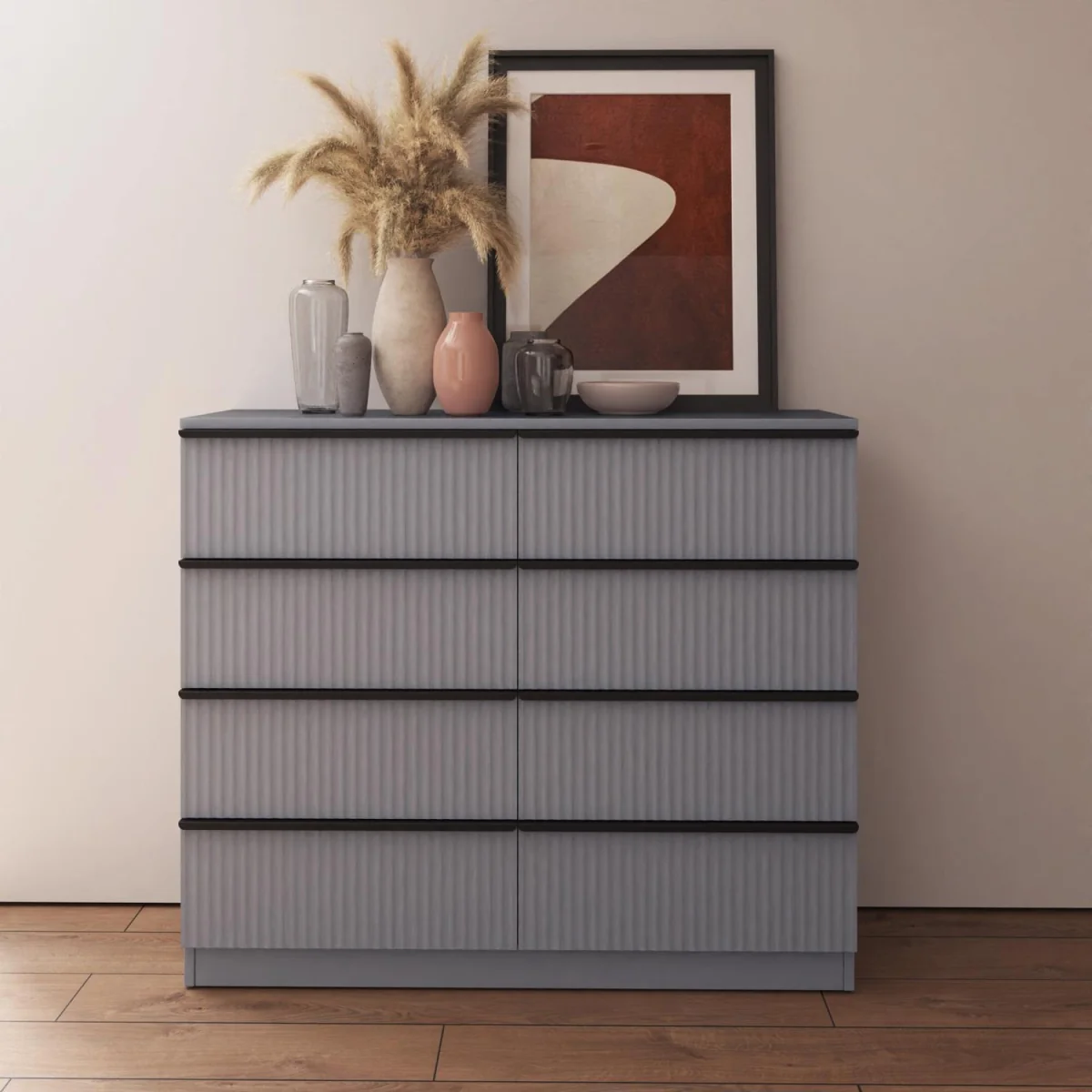 FWStyle Matt Grey 8 Drawer Chest Scalloped Ripple Design Scratch Resistant - Grey – image 2
