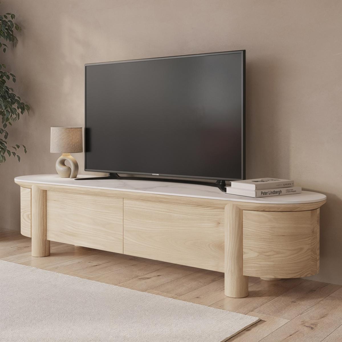 Large Oak & Marble Top TV Stand - TV's up to 85 - Gianna – image 2