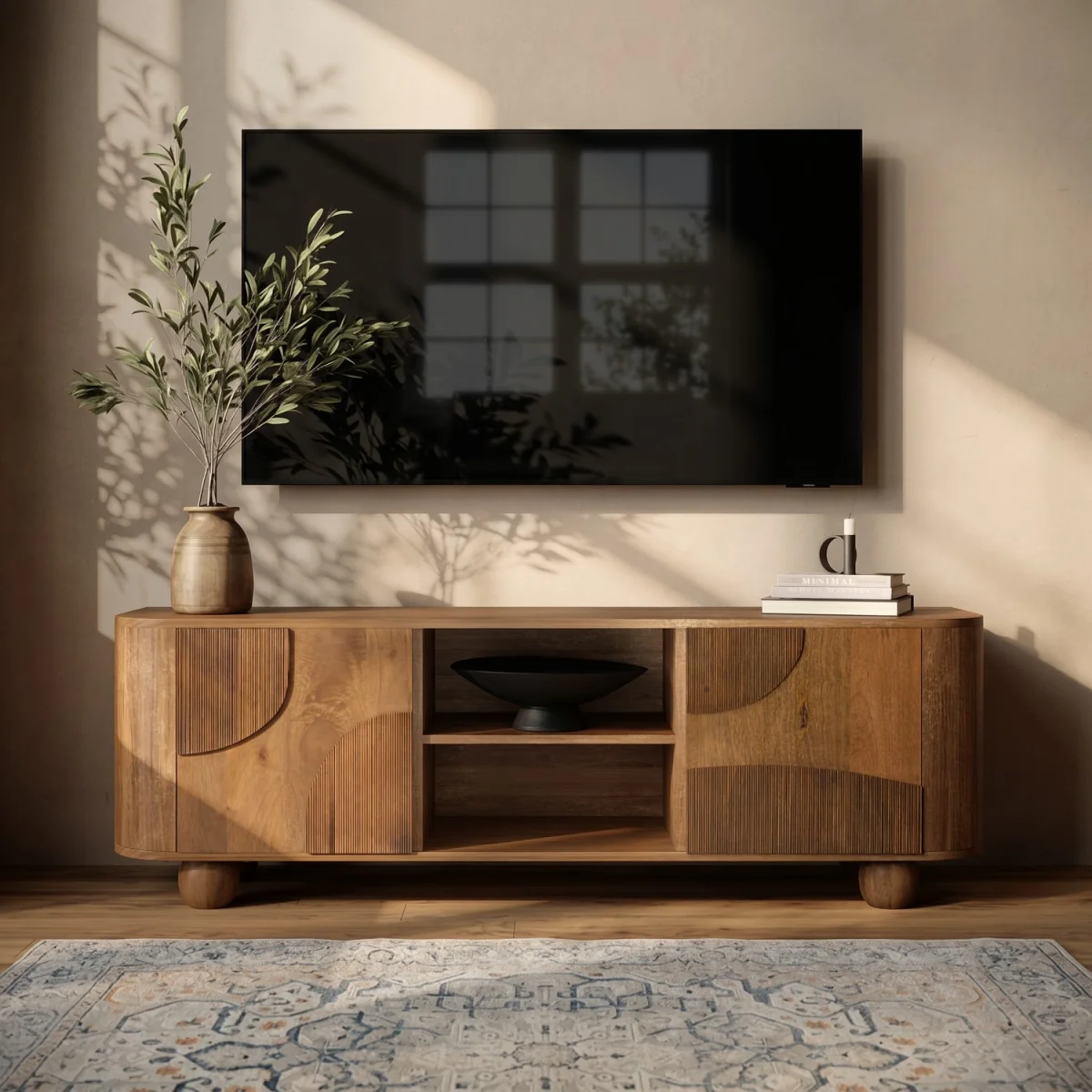 Large Mango Wood TV Stand with Storage - TV's up to 70 - Ivan – image 2
