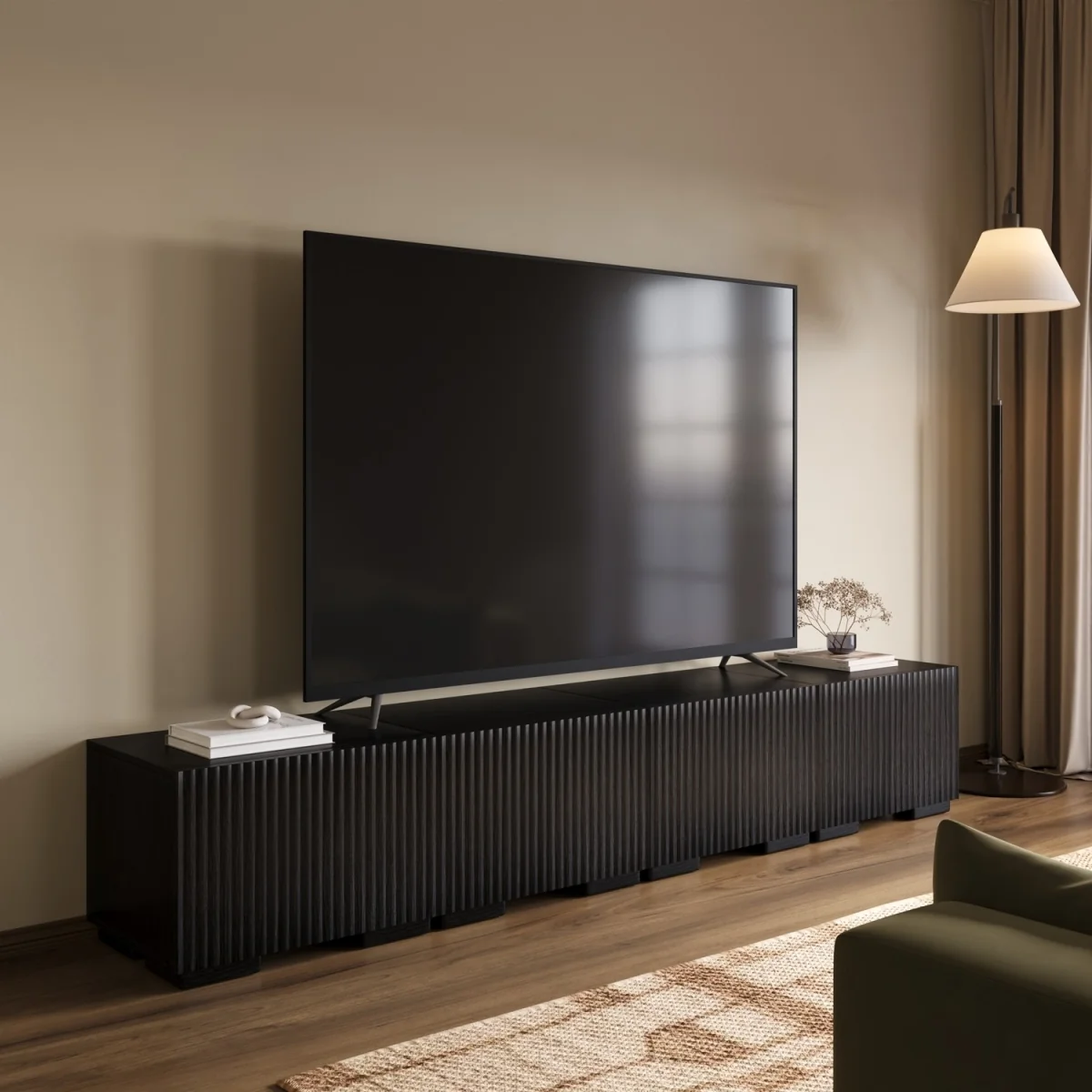 Multifunctional Large Black Ribbed Floating TV Stand with Storage - TV's up to 85 - Hazel – image 2