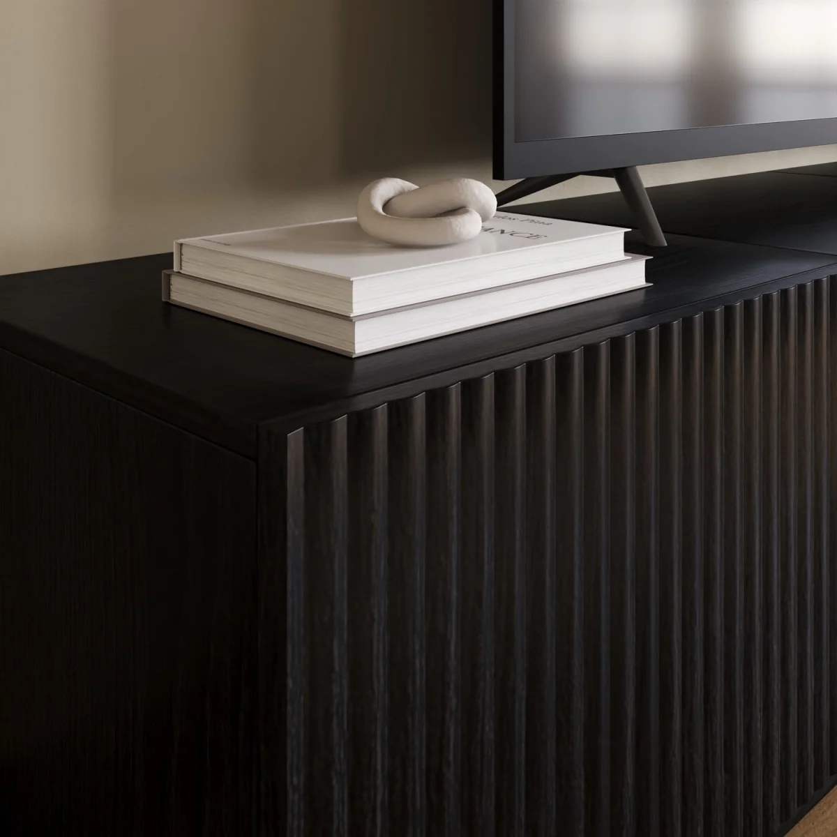 Multifunctional Large Black Ribbed Floating TV Stand with Storage - TV's up to 85 - Hazel – image 3