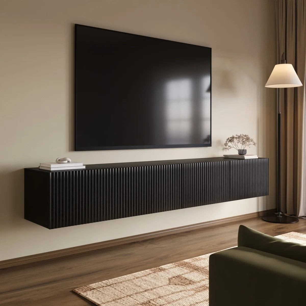 Multifunctional Large Black Ribbed Floating TV Stand with Storage - TV's up to 85 - Hazel – image 1