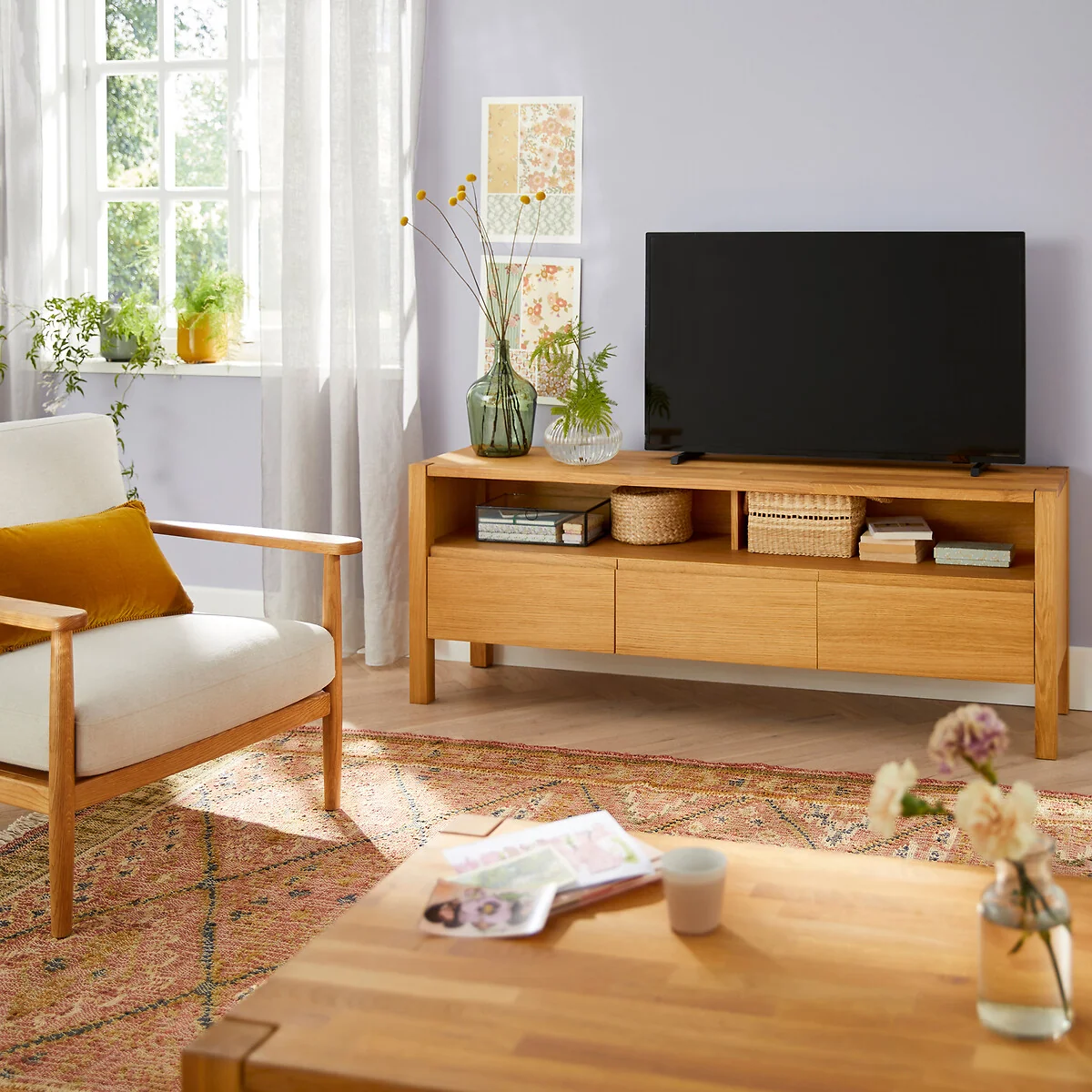 Adelita TV Bench in Oak and Oak Veneer 160cm – image 2