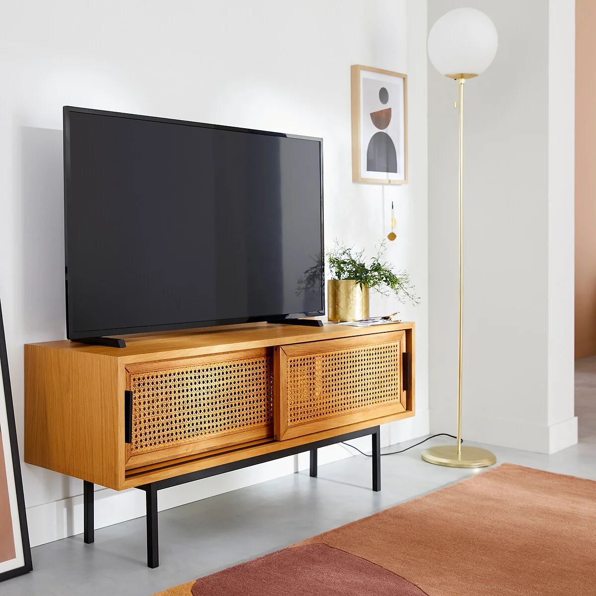Waska TV Bench with 2 Doors in Oak, Veneer and Cane – image 2