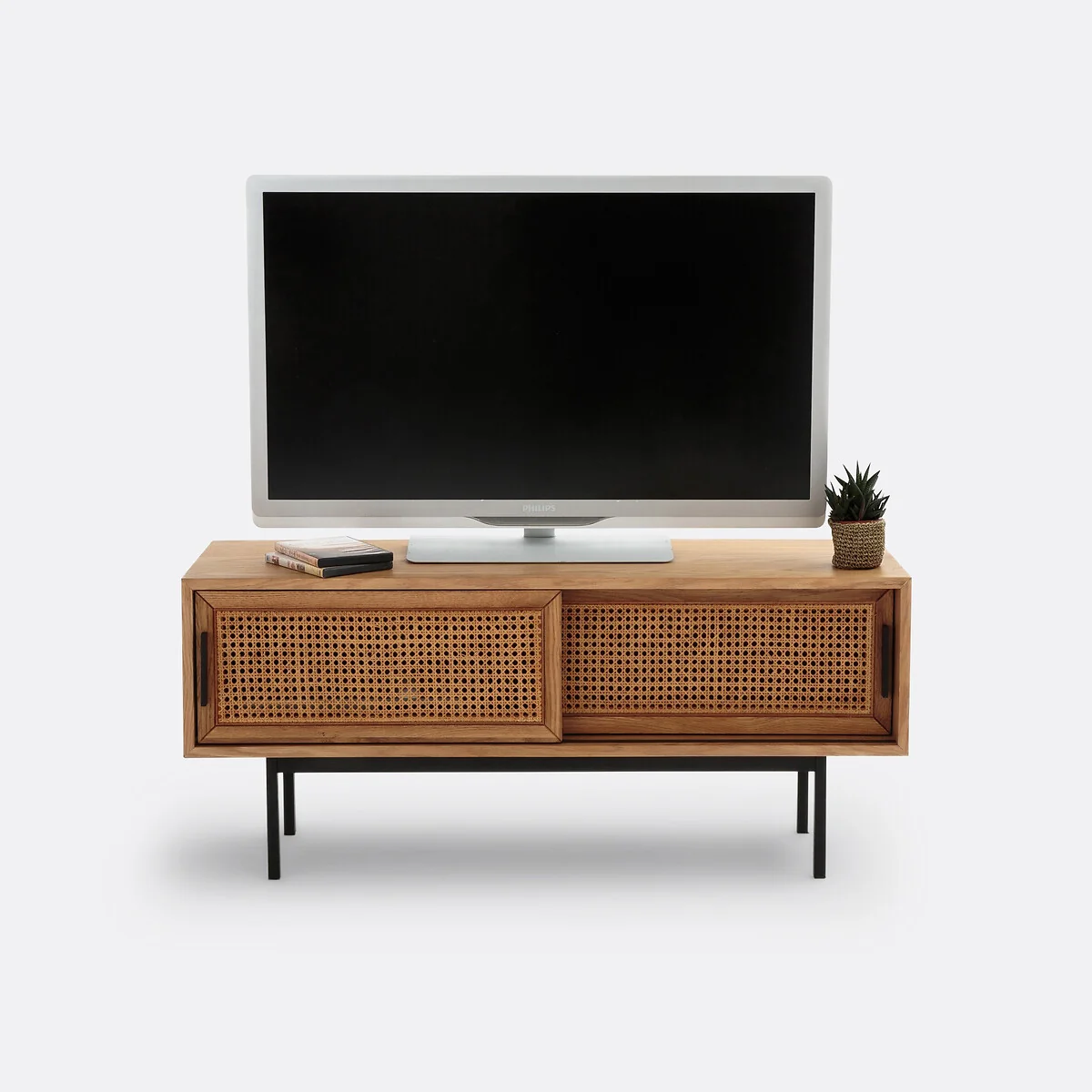 Waska TV Bench with 2 Doors in Oak, Veneer and Cane – image 3