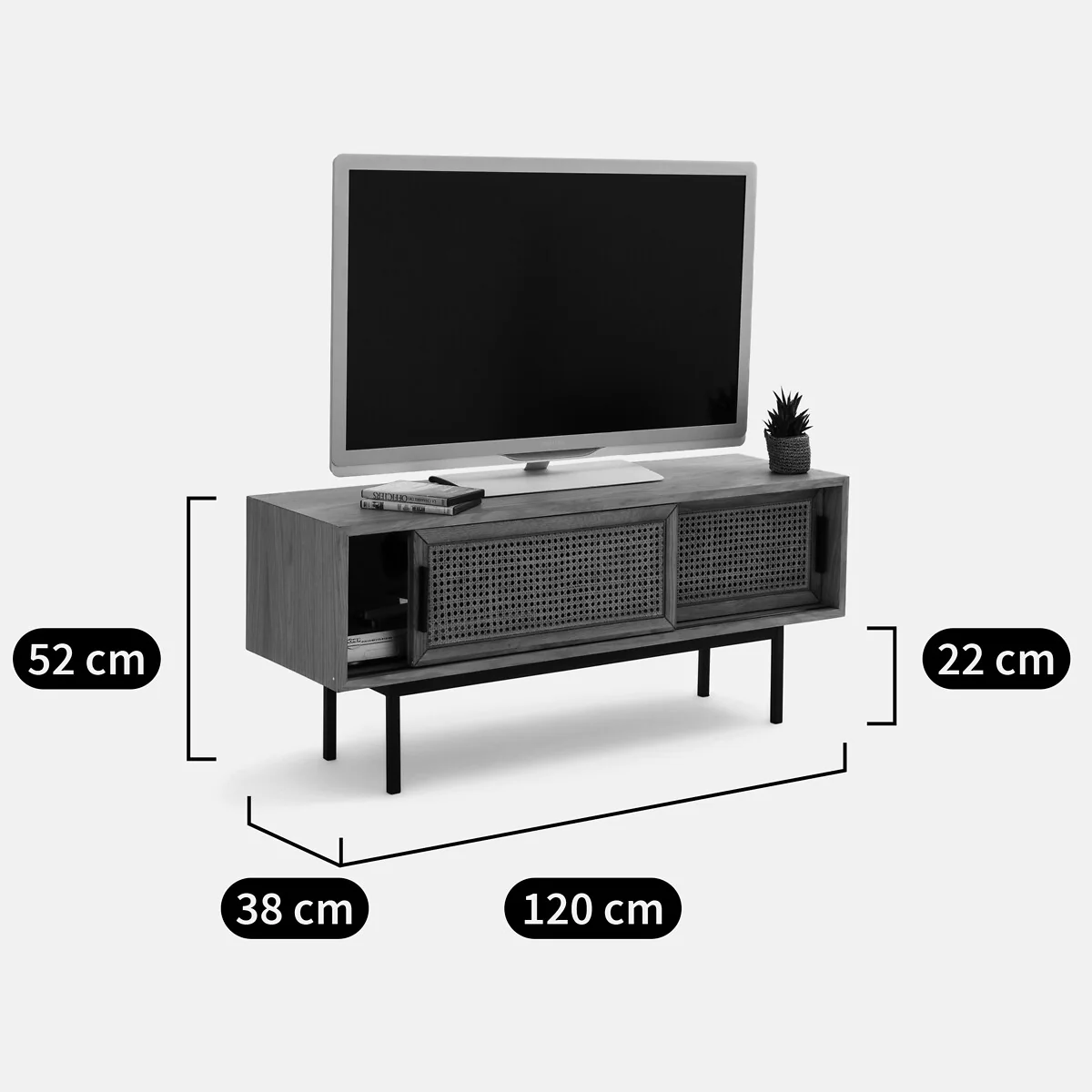 Waska TV Bench with 2 Doors in Oak, Veneer and Cane – image 5