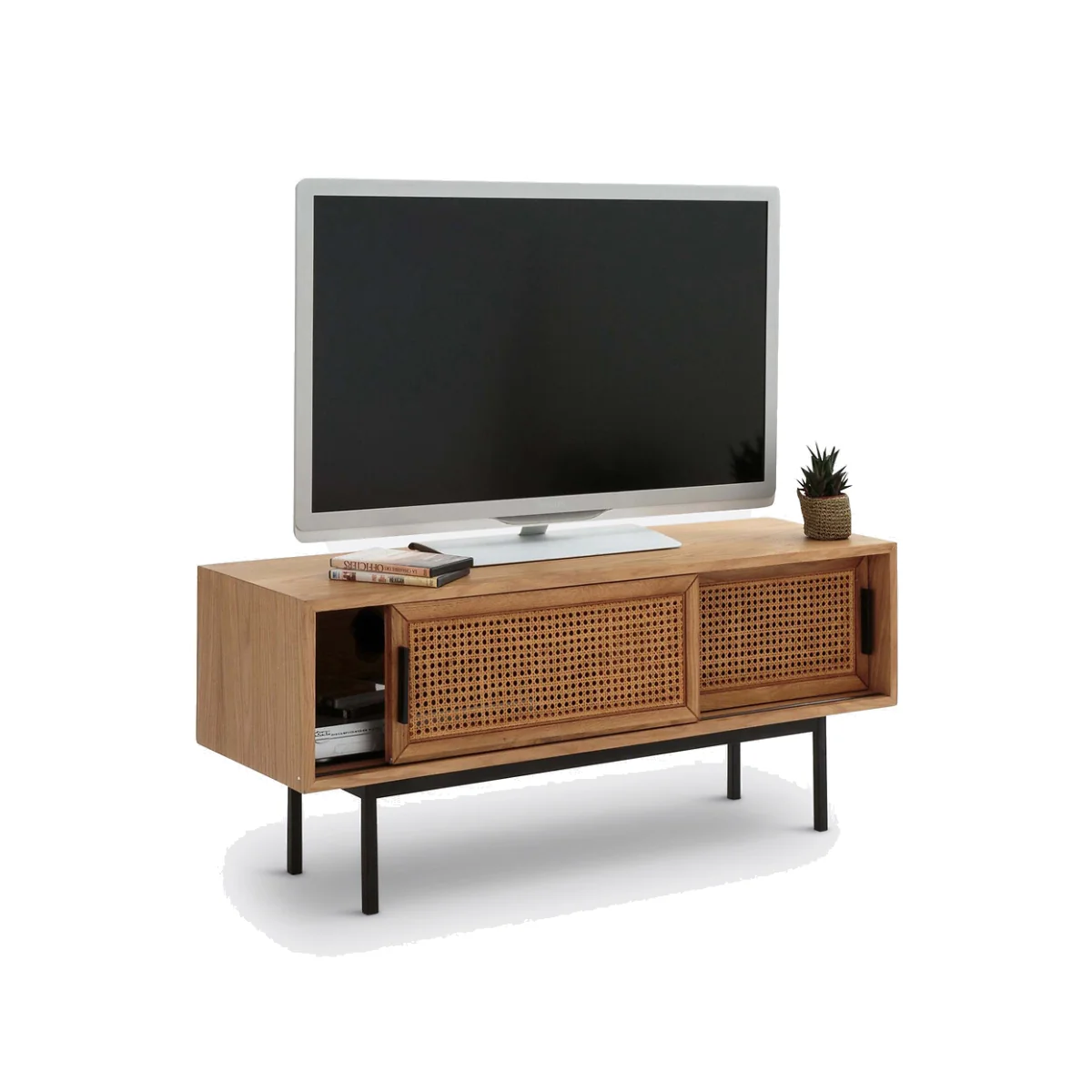 Waska TV Bench with 2 Doors in Oak, Veneer and Cane – image 1