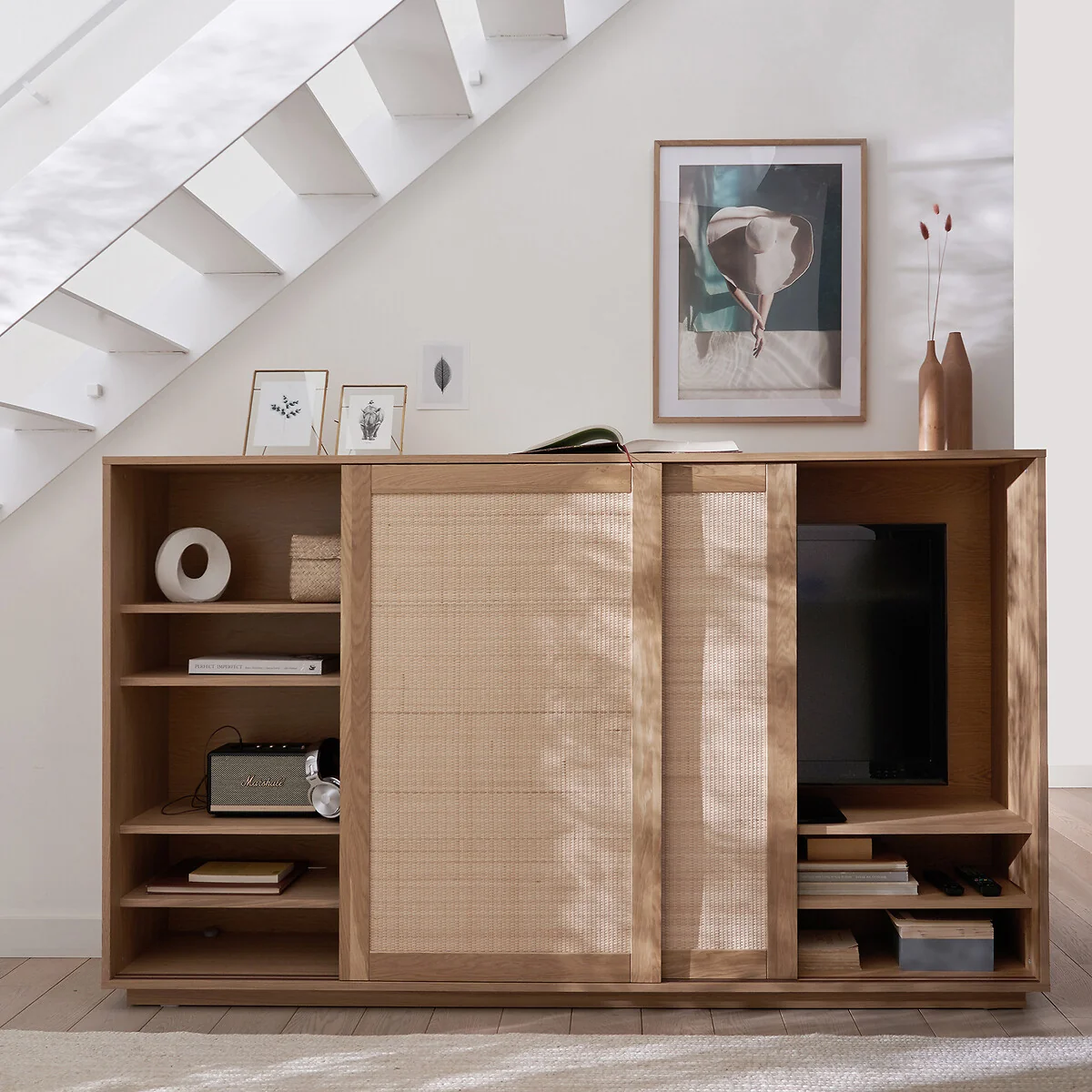 Palano TV Unit in Oak and Veneer with Cane Doors – image 2