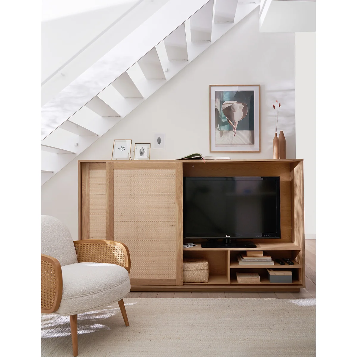 Palano TV Unit in Oak and Veneer with Cane Doors – image 3