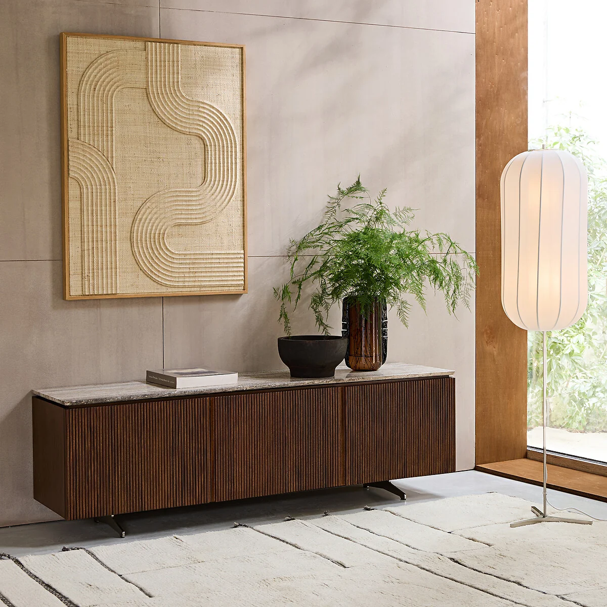 Jakto TV Stand in Walnut Veneer and Travertine – image 2