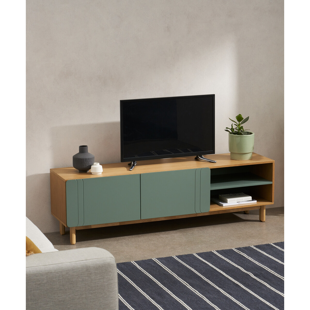 Asuna Wide TV Unit, Oak & Fern Green – image 3