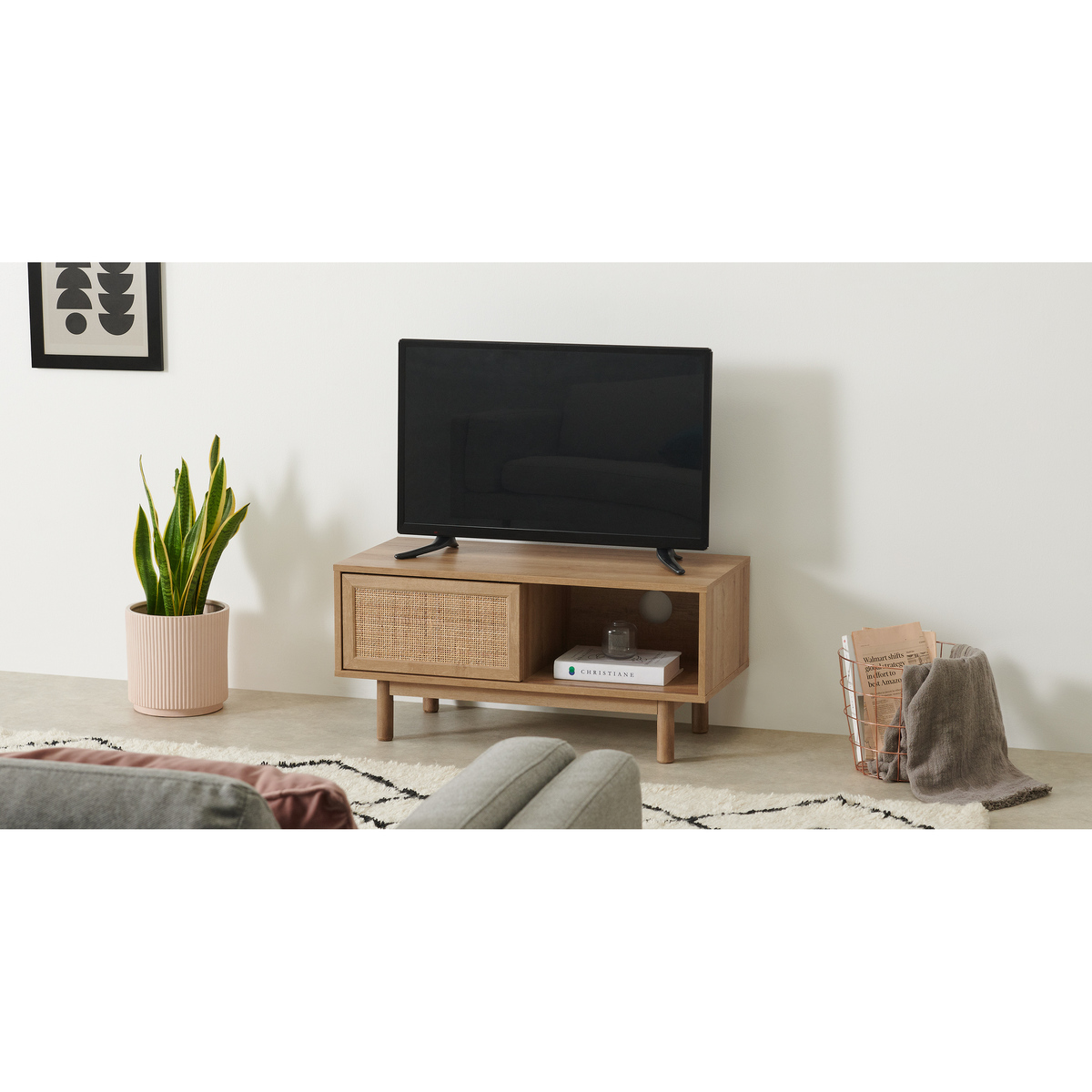 Pavia Compact TV Stand, Natural Rattan & Oak Effect – image 3