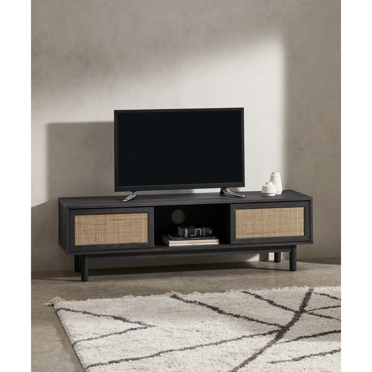 Pavia Wide TV Stand, Natural Rattan & Black Wood Effect – image 3