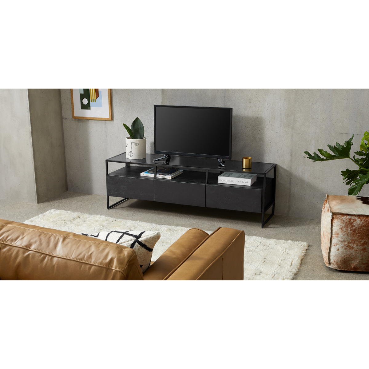 Kilby Wide TV Stand, Black Stained Mango Wood and Smoked Glass – image 3