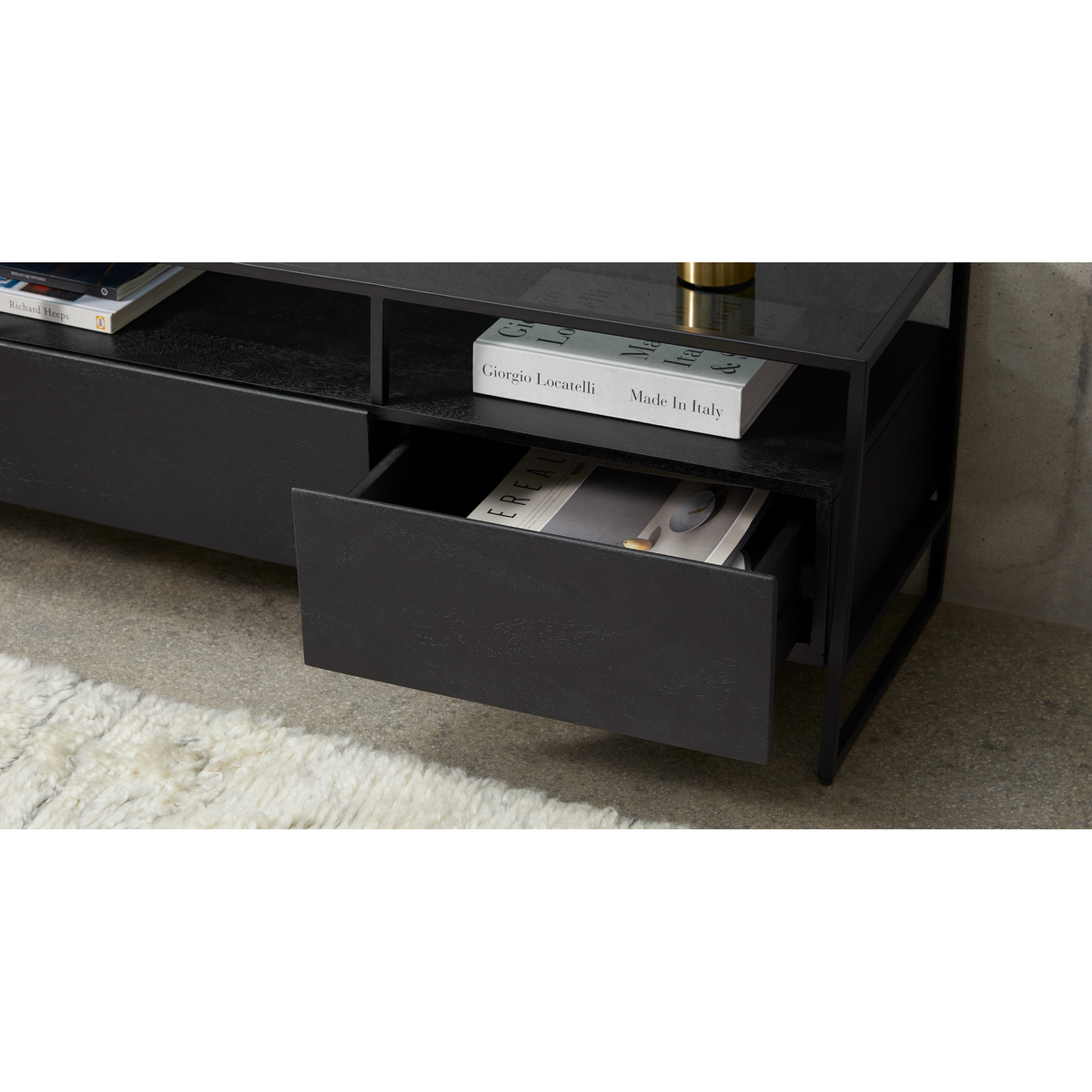 Kilby Wide TV Stand, Black Stained Mango Wood and Smoked Glass – image 4
