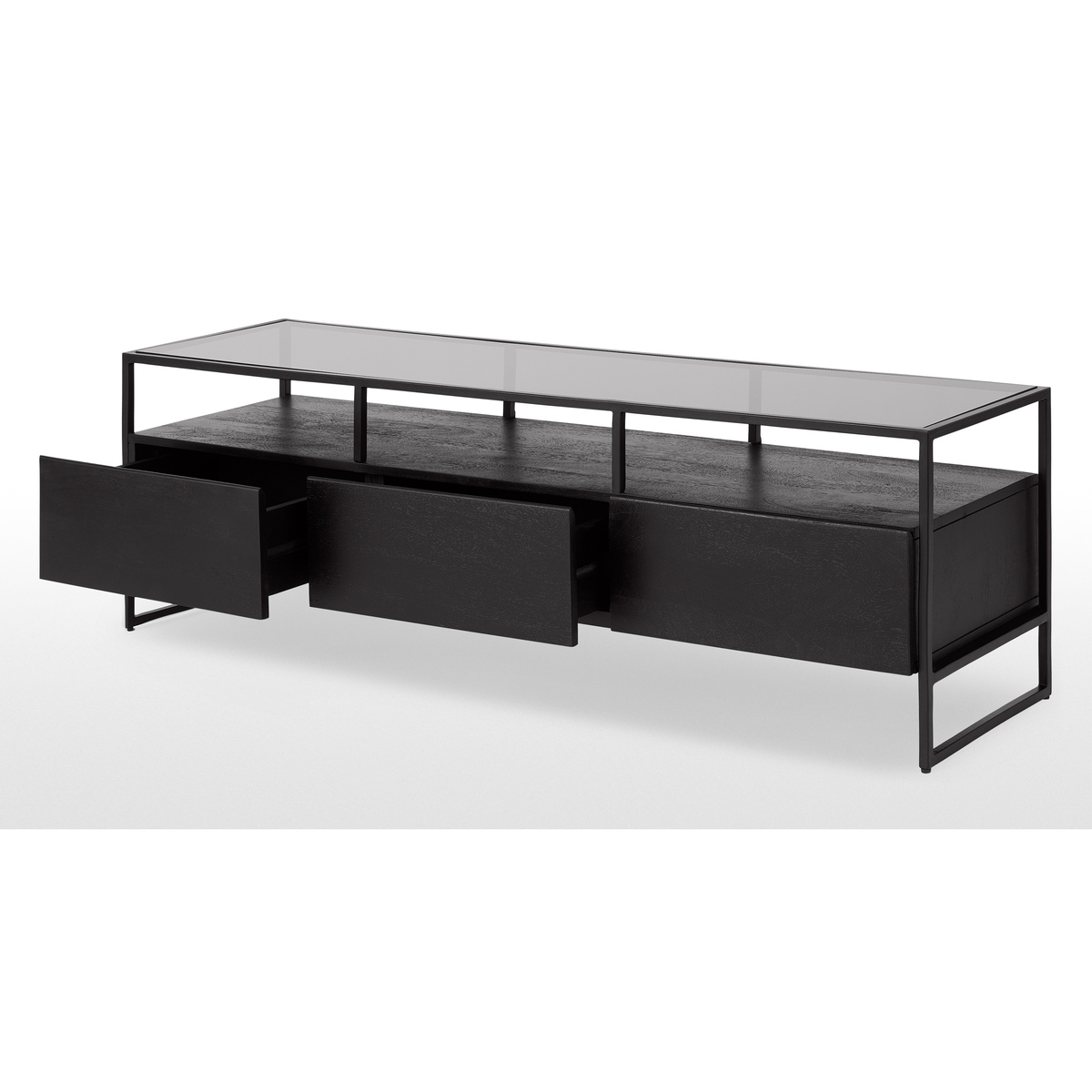 Kilby Wide TV Stand, Black Stained Mango Wood and Smoked Glass – image 5