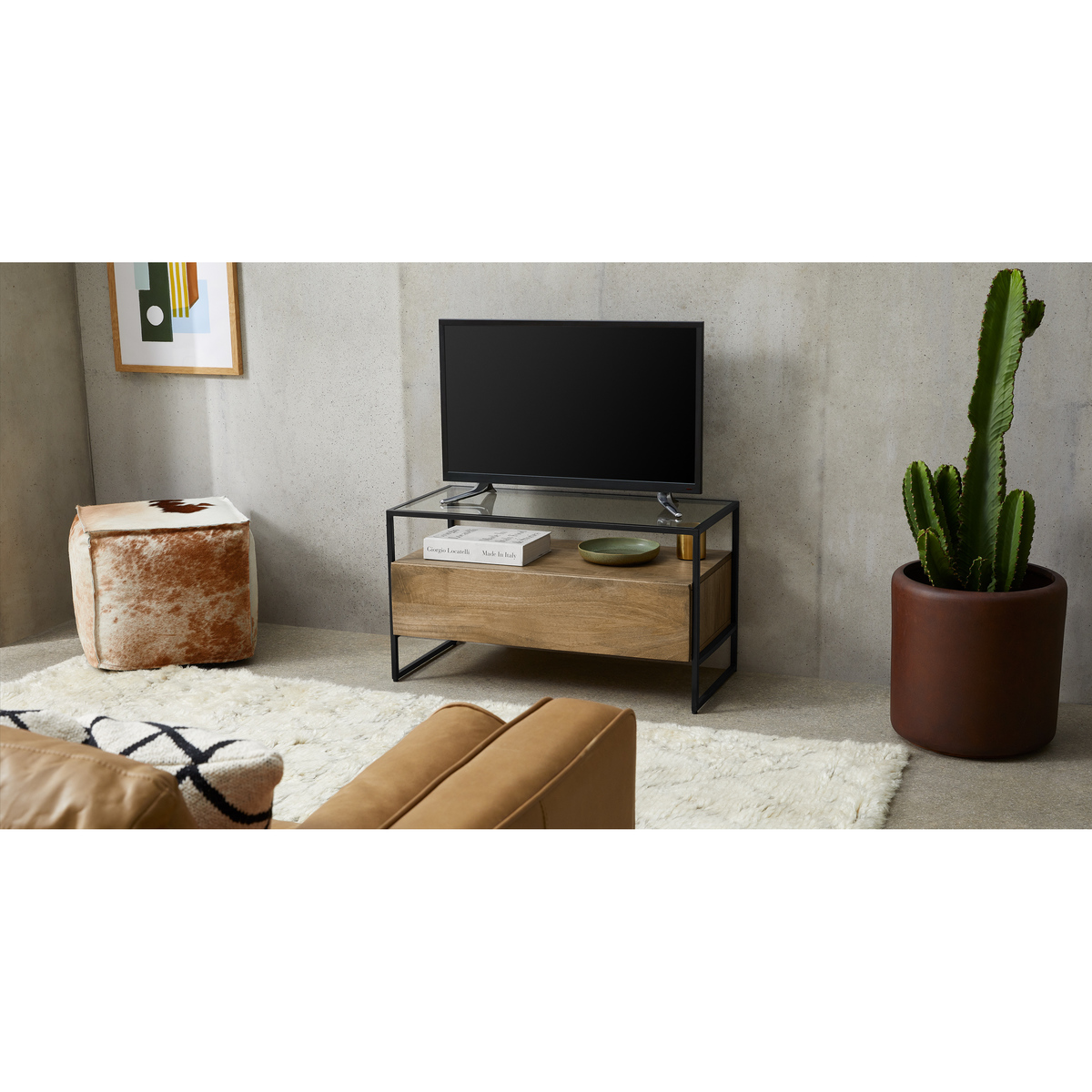 Kilby Compact TV Stand, Light Mango Wood and Glass – image 3