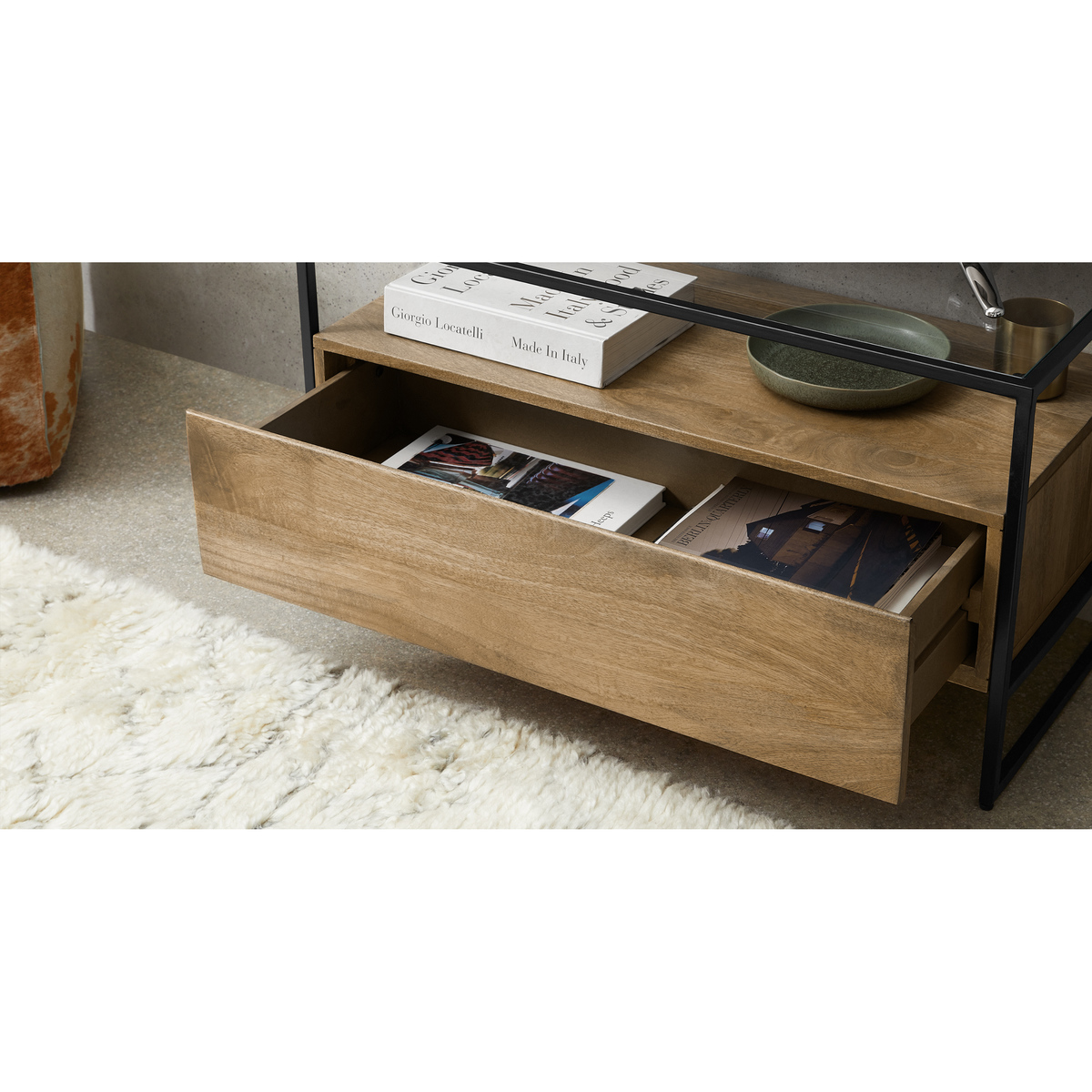 Kilby Compact TV Stand, Light Mango Wood and Glass – image 4