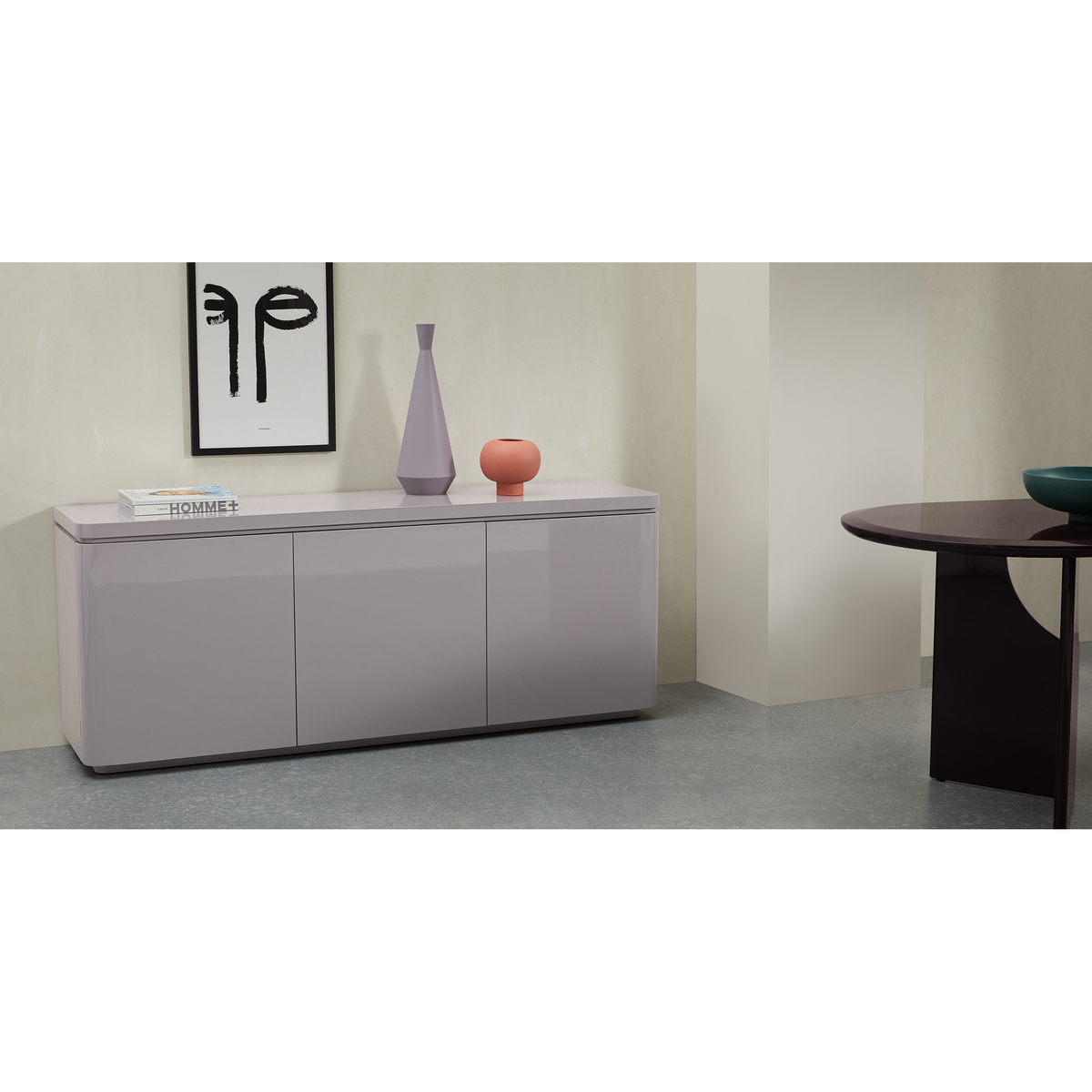 Mekkin Wide 3 Door 3 Drawer Sideboard, Grey Gloss and Matt Plum – image 3
