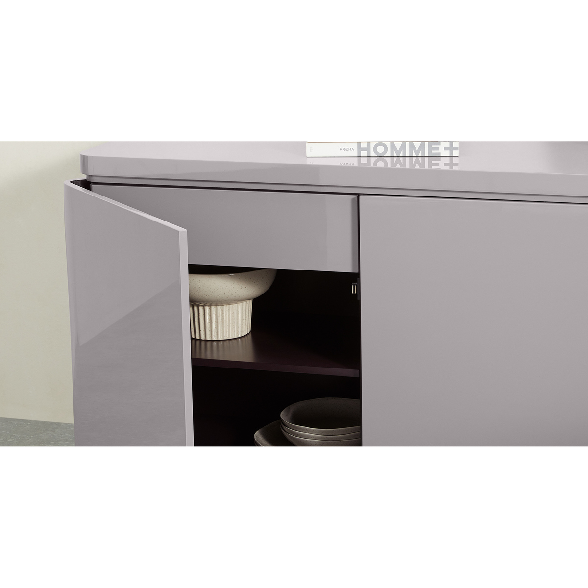 Mekkin Wide 3 Door 3 Drawer Sideboard, Grey Gloss and Matt Plum – image 4