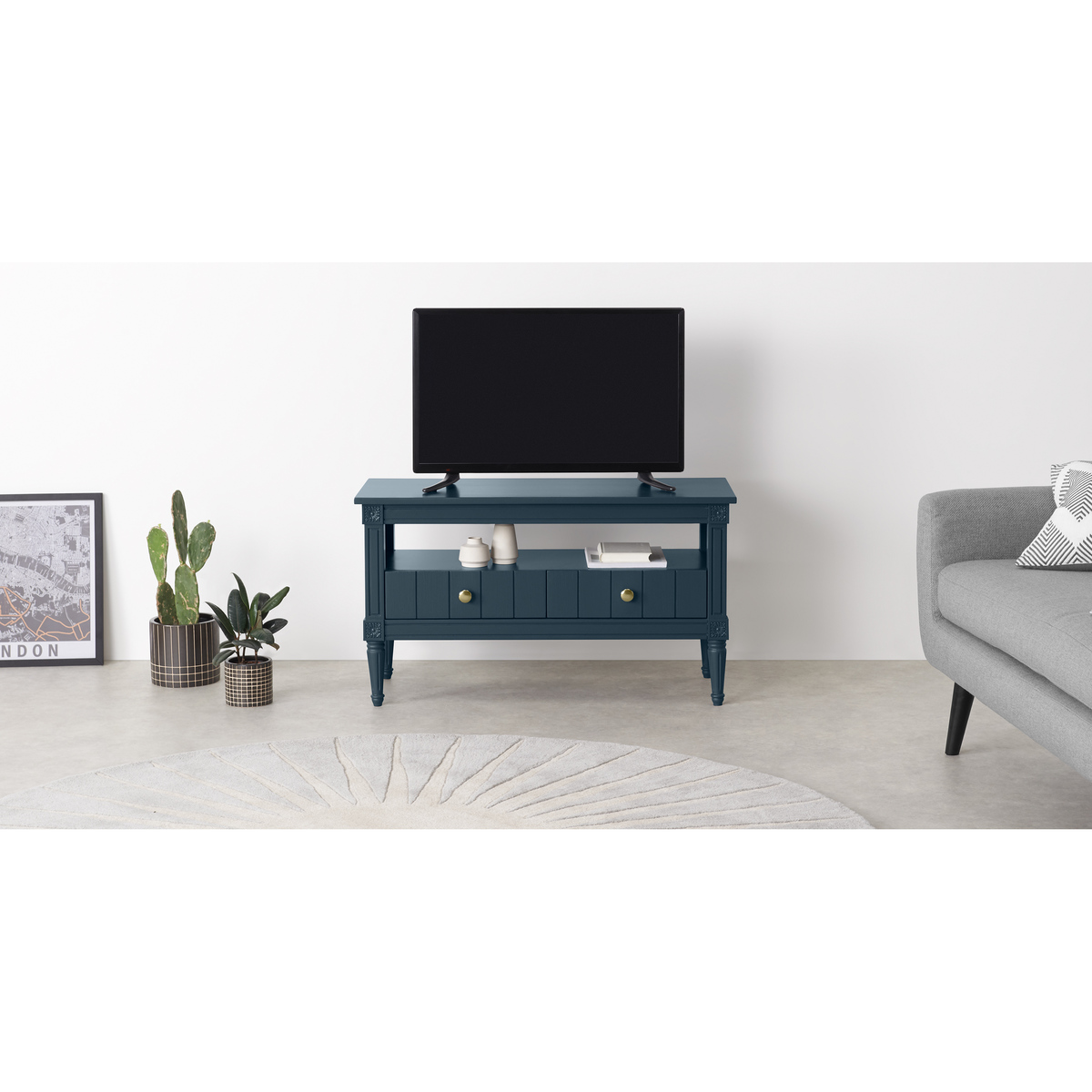 Bourbon Vintage TV Stand, Dark Blue and Brass – image 2
