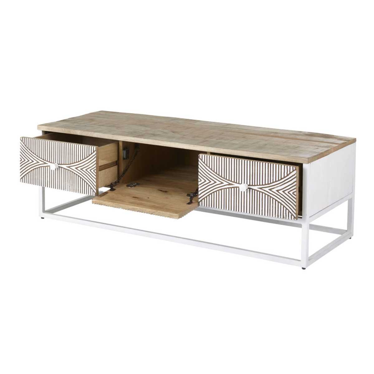 Two Tone Carved Mango Wood 1-Door 2-Drawer TV Unit Santao – image 2