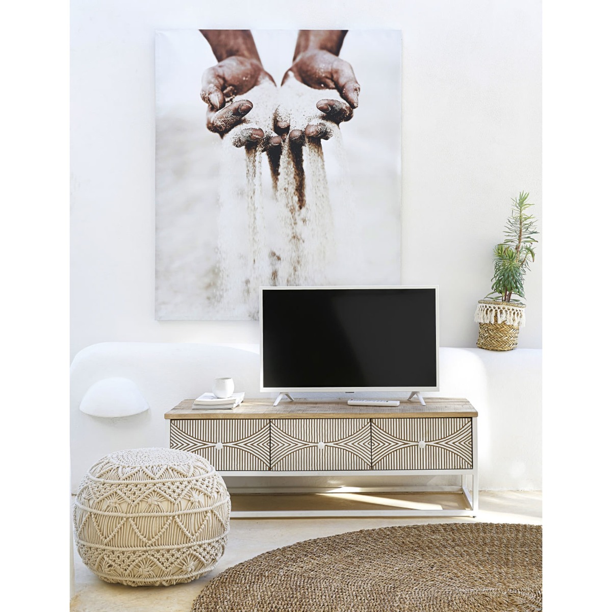 Two Tone Carved Mango Wood 1-Door 2-Drawer TV Unit Santao – image 5