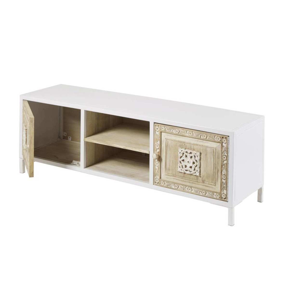 2-Door TV Unit in White Metal and Carved Mango Wood Mambok – image 3