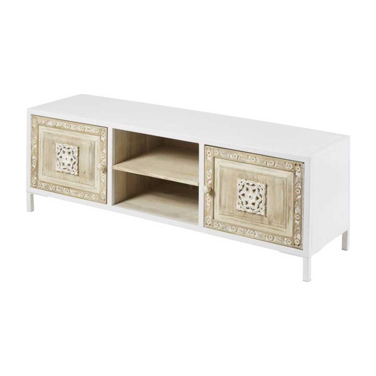 2-Door TV Unit in White Metal and Carved Mango Wood Mambok – image 2
