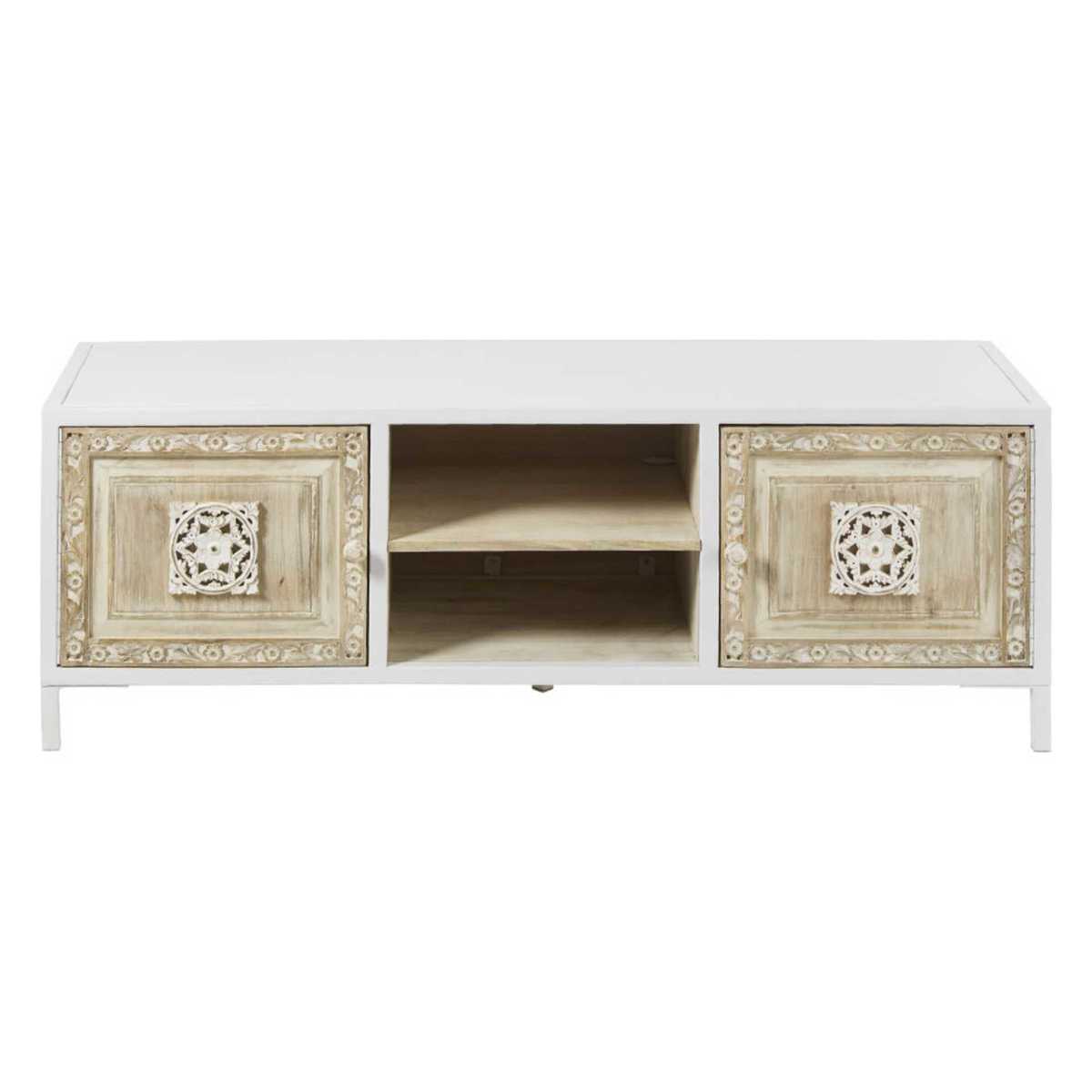 2-Door TV Unit in White Metal and Carved Mango Wood Mambok – image 1