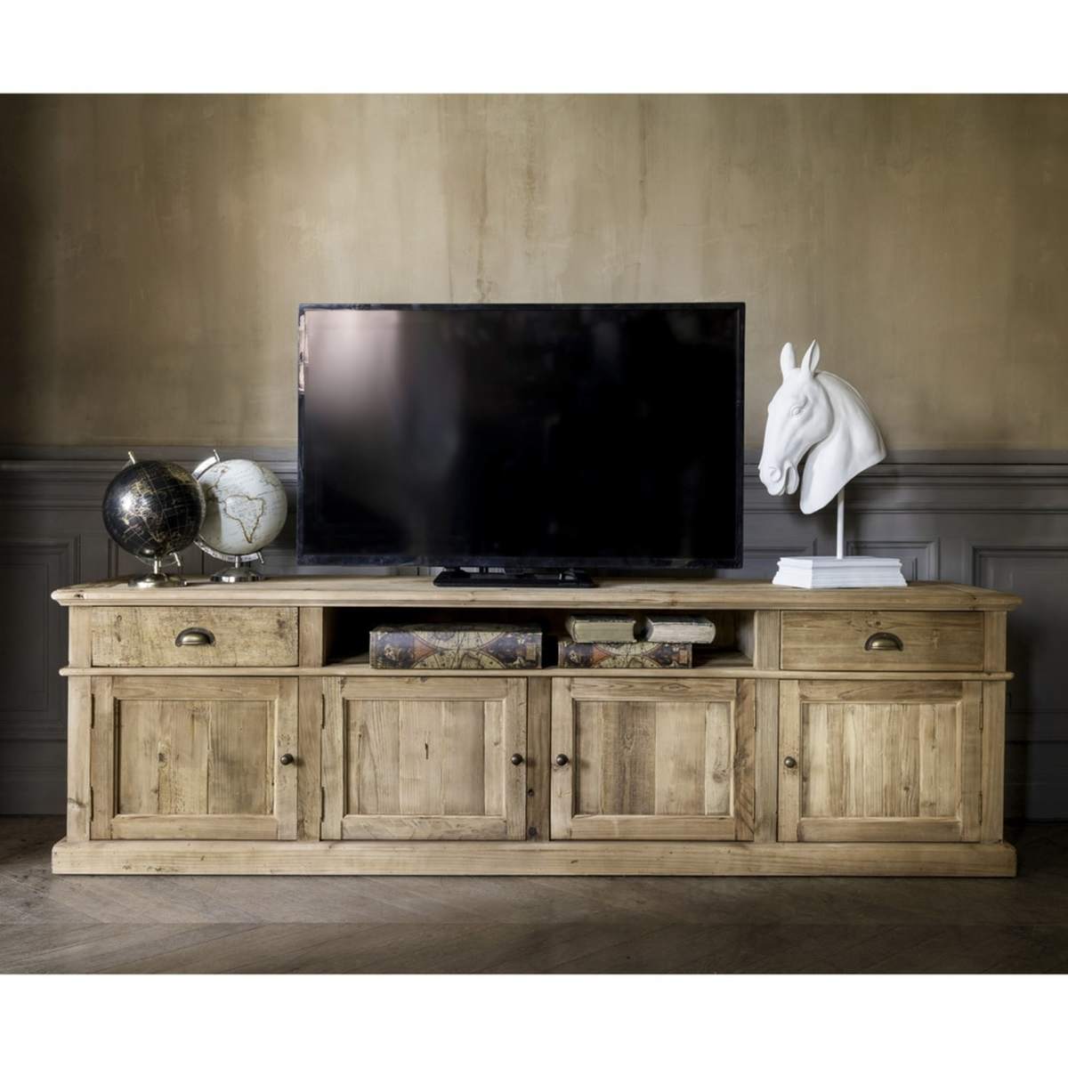 Antique recycled pine 4-door 2-drawer TV unit Marlone – image 3
