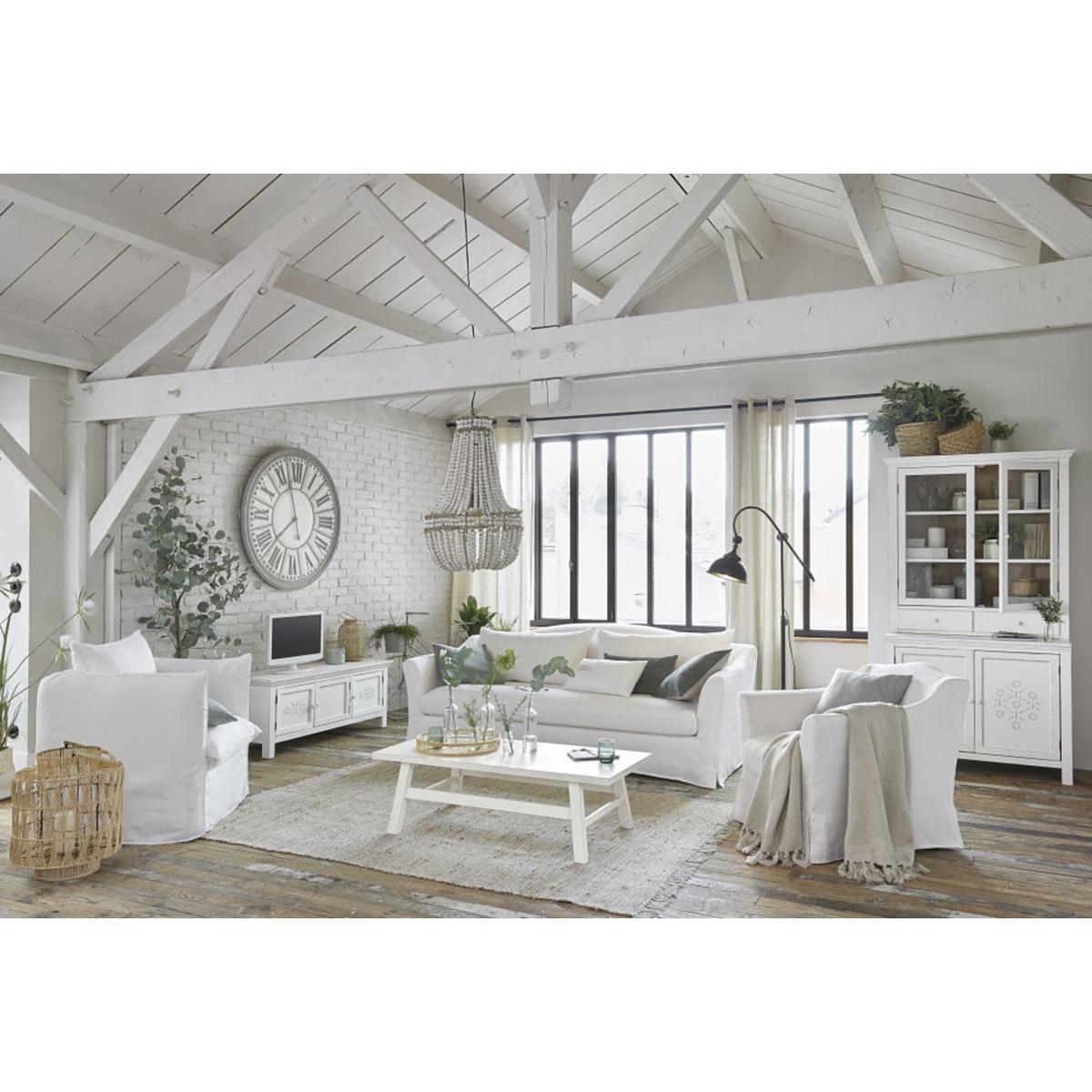 3-Door TV Unit with Aged Effect White Raised Print Bianca – image 5