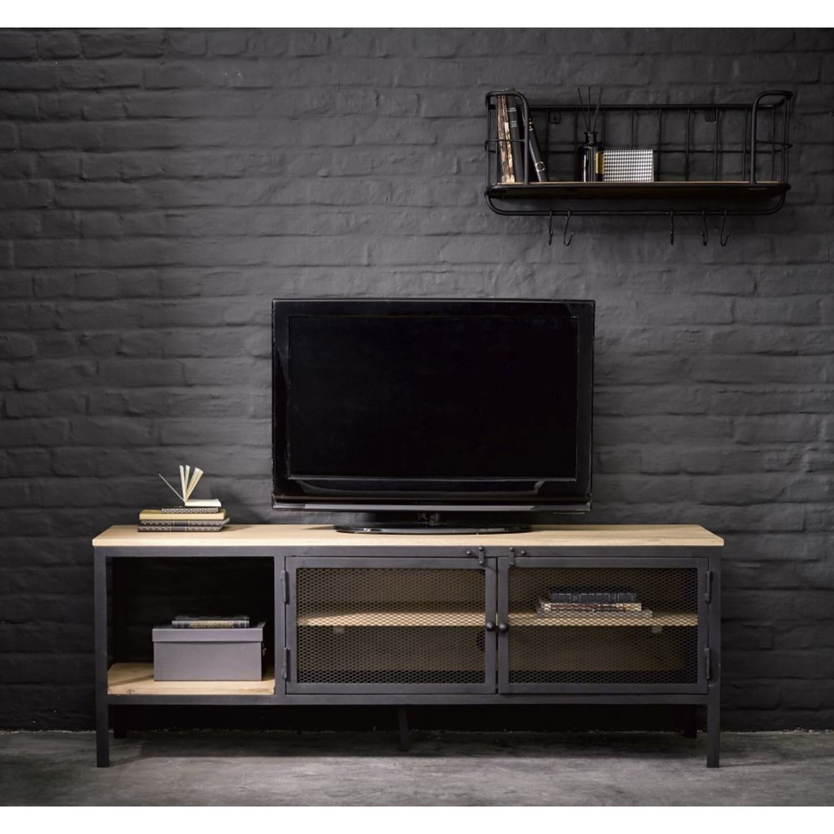 Solid Mango Wood and Black Metal Industrial TV Cabinet Century – image 7