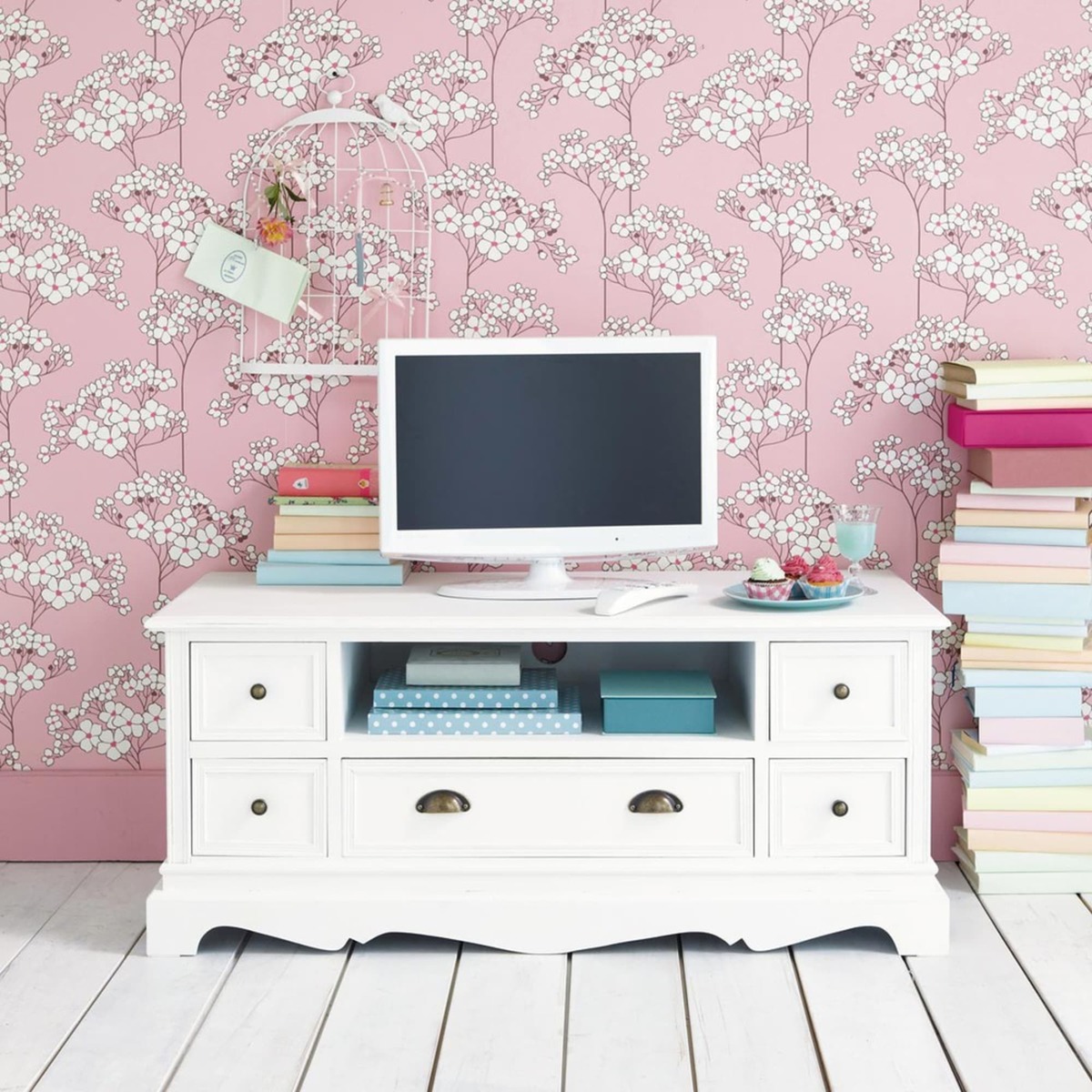 Paulownia wood TV unit in white Joséphine – image 2