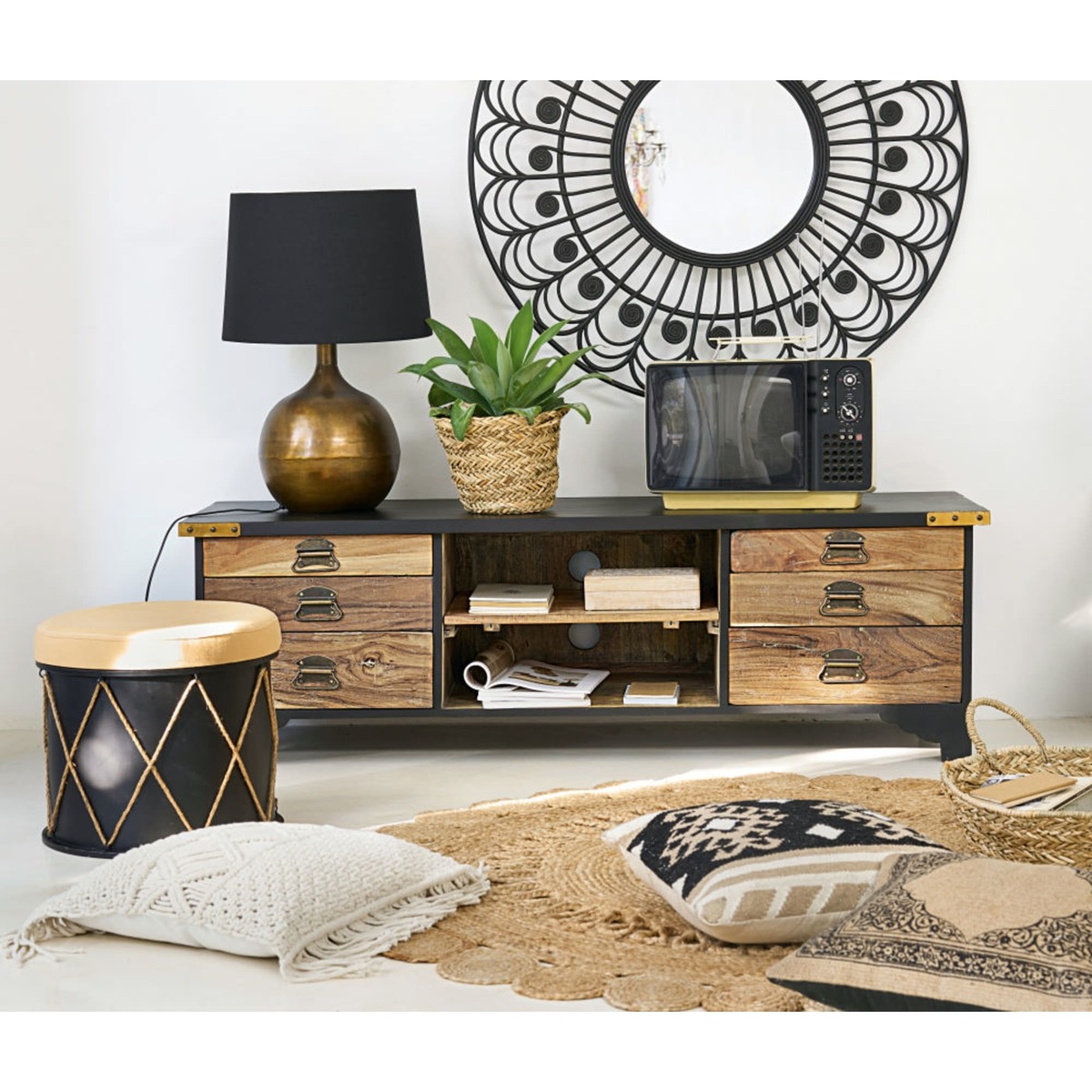 Recycled Wood and Black Mango Wood 6-Drawer TV Cabinet Cheyenne – image 5