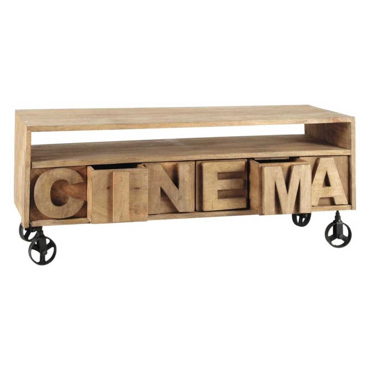 Solid mango wood TV unit on castors W120 Alphabet – image 2