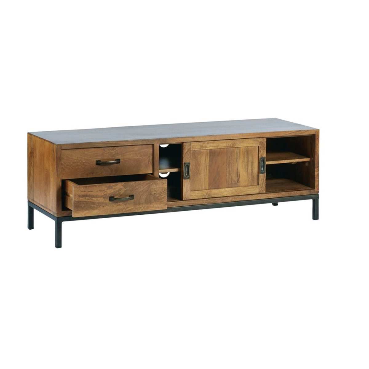 Solid Mango Wood and Black Metal 1-Door 2-Drawer TV Cabinet Hipster – image 3