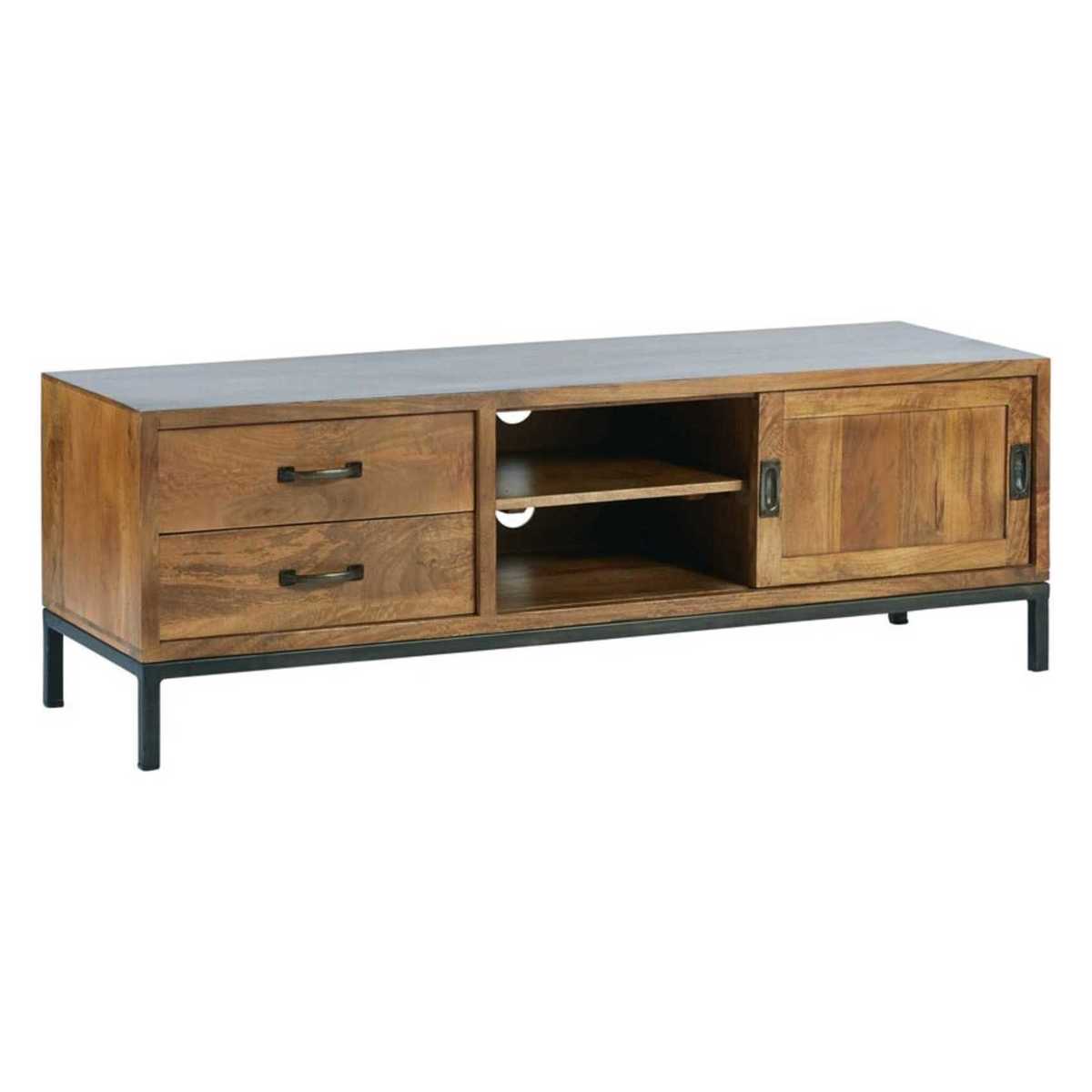 Solid Mango Wood and Black Metal 1-Door 2-Drawer TV Cabinet Hipster – image 2