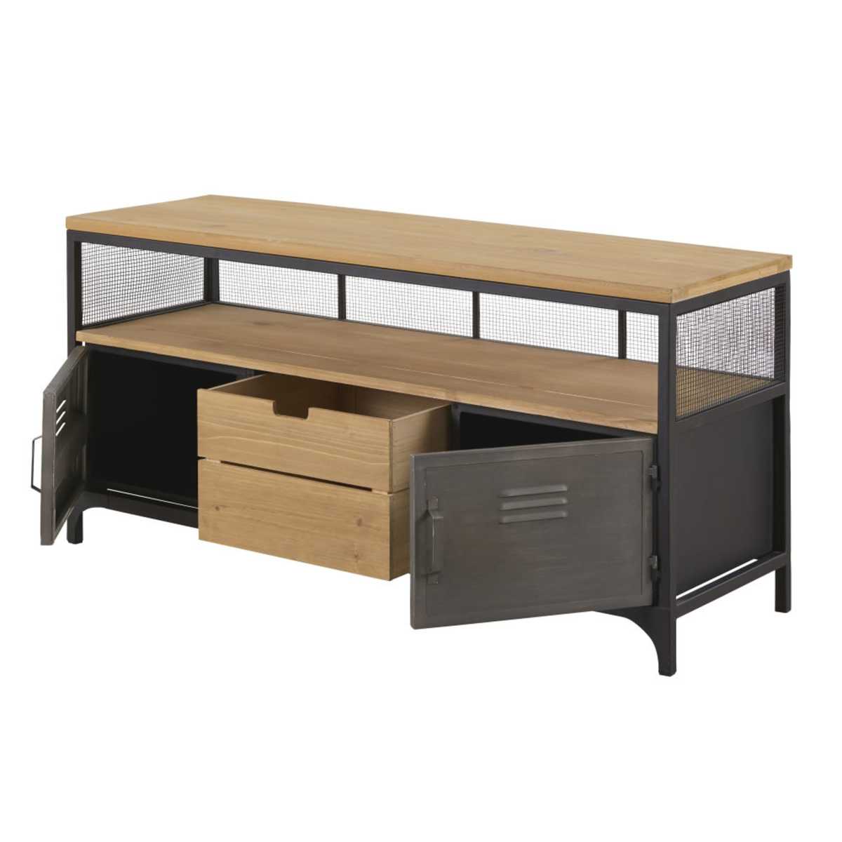 Pine and Metal 1-Drawer 2-Door Industrial-Style TV Unit Harvey – image 2