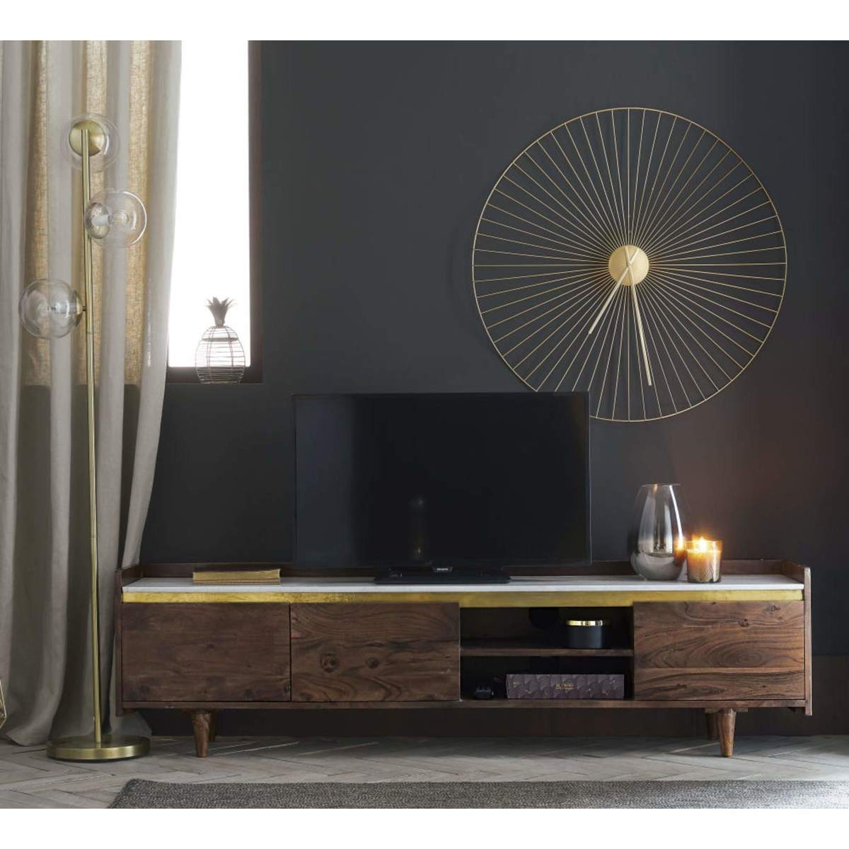 White Marble and Solid Acacia 3-Door TV Cabinet Cappuccino – image 8