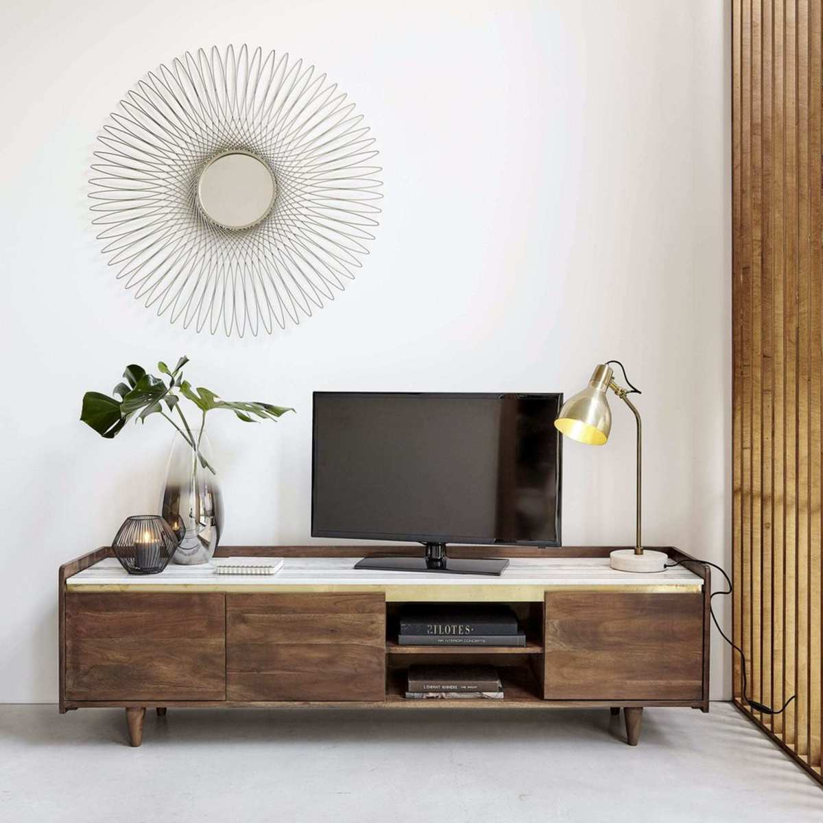 White Marble and Solid Acacia 3-Door TV Cabinet Cappuccino – image 9