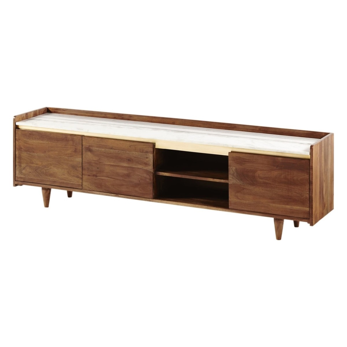 White Marble and Solid Acacia 3-Door TV Cabinet Cappuccino – image 2