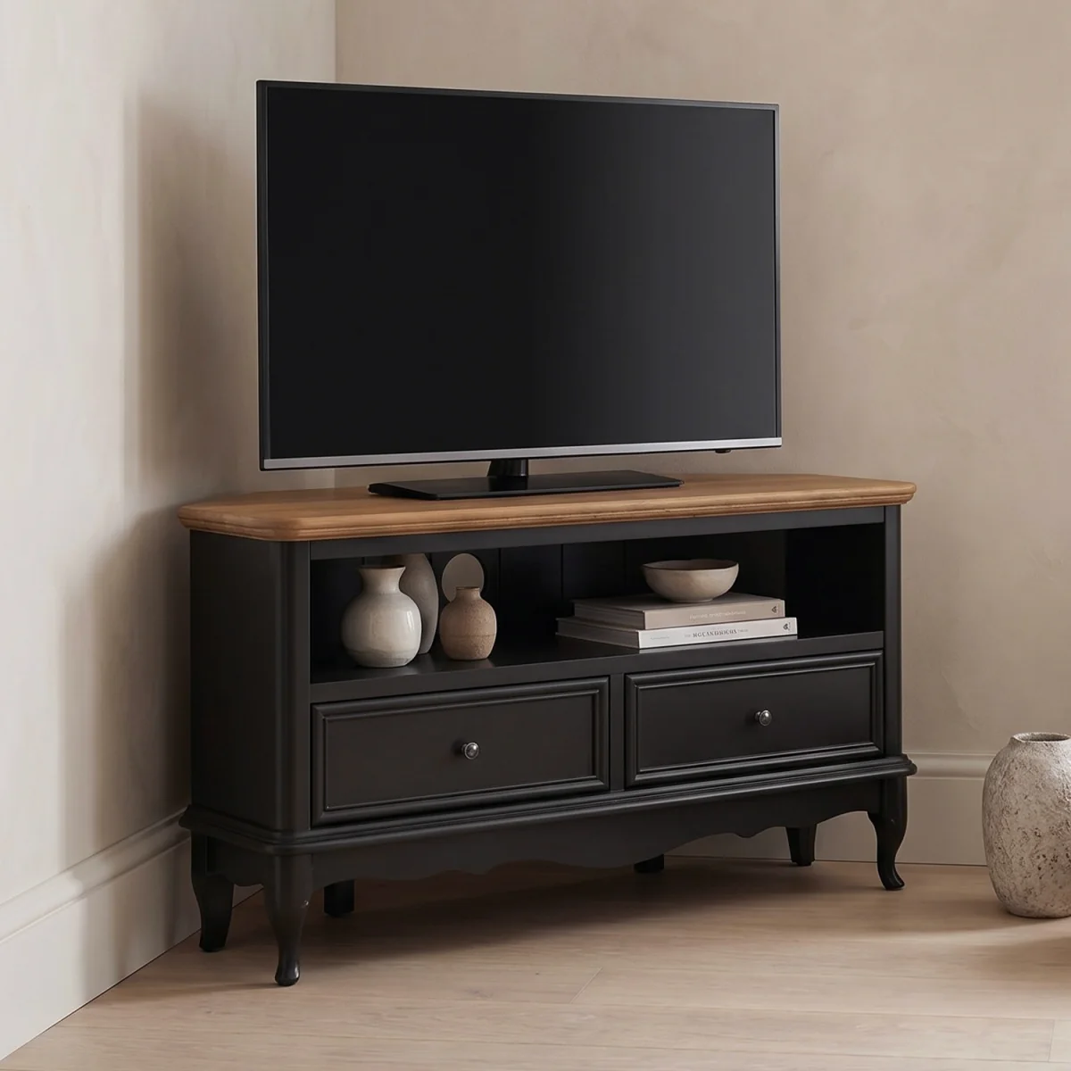 Chateau Noir Oak and Black Painted Corner TV Cabinet – image 2